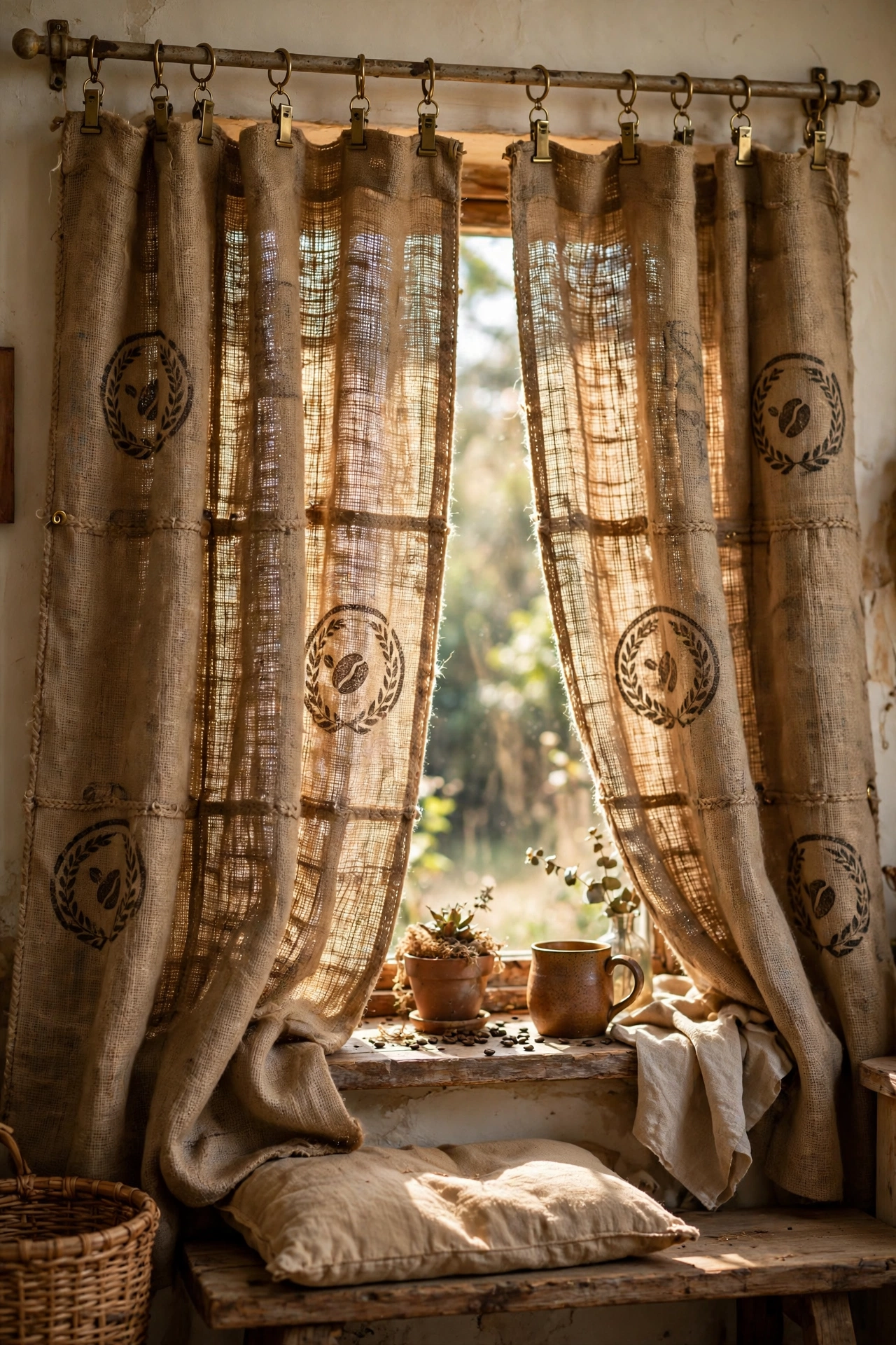 Rustic burlap coffee sack curtains with printed stamps in a living room