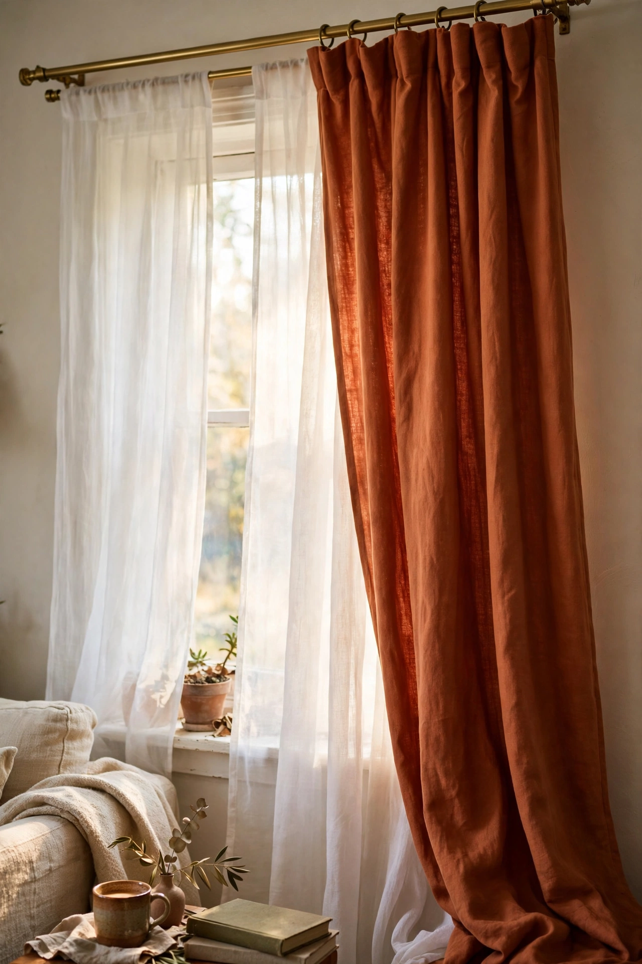 Two-tone layered curtains with sheer behind solid clearance panels