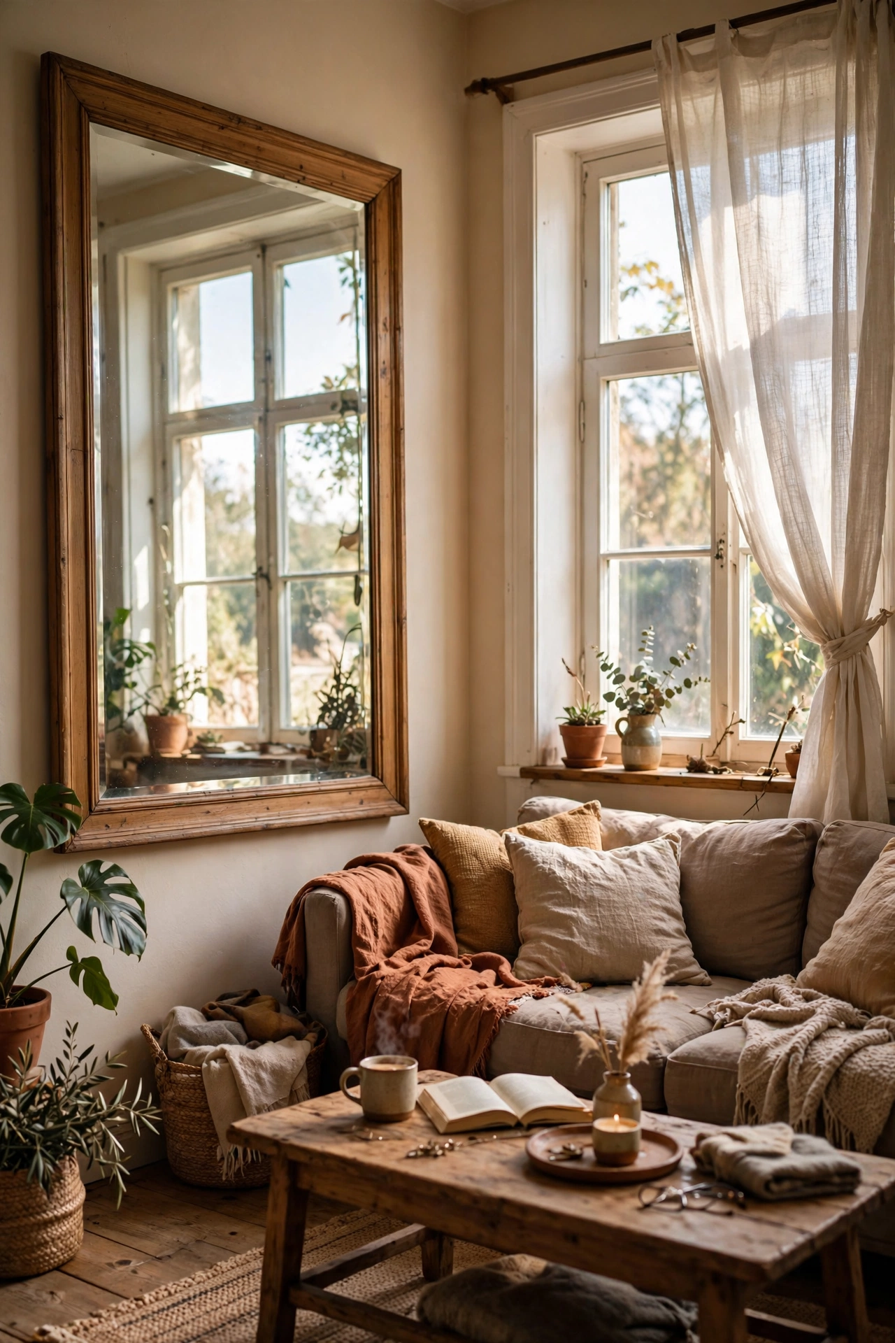 Large mirror hung opposite a window doubling the daylight