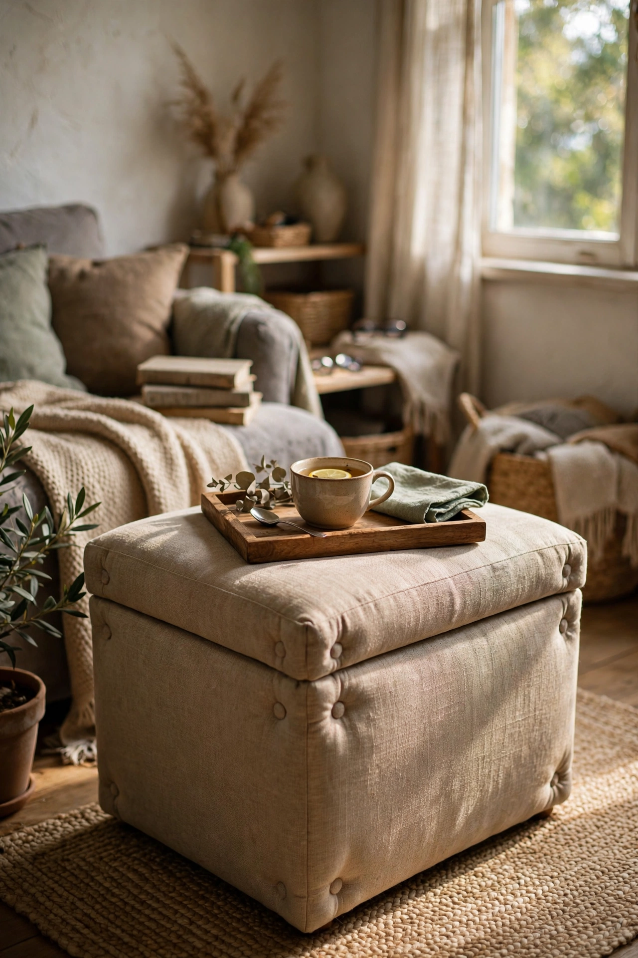 Storage ottoman with a tray used as a coffee table