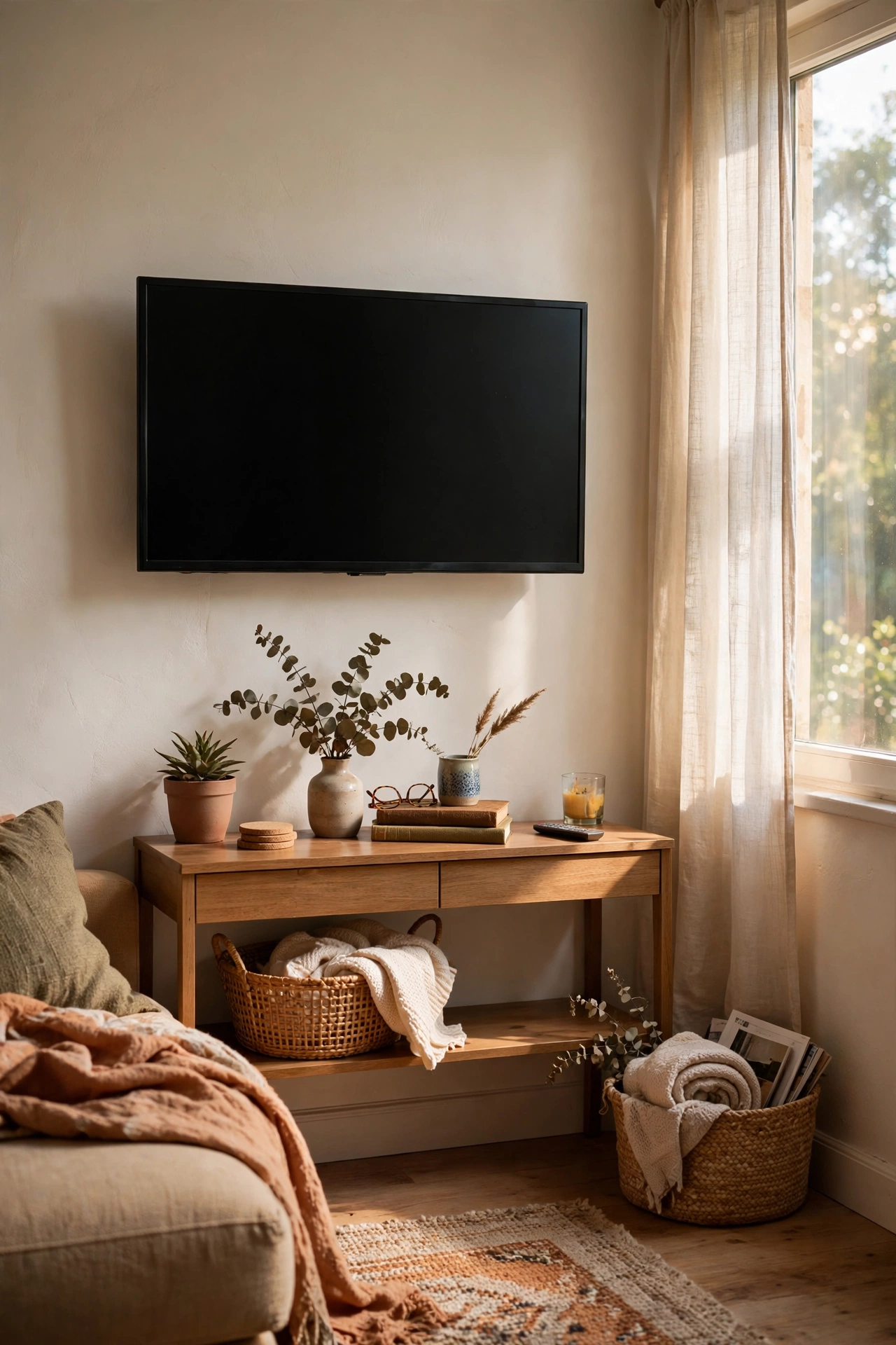 Flat screen TV wall mounted above a slim console
