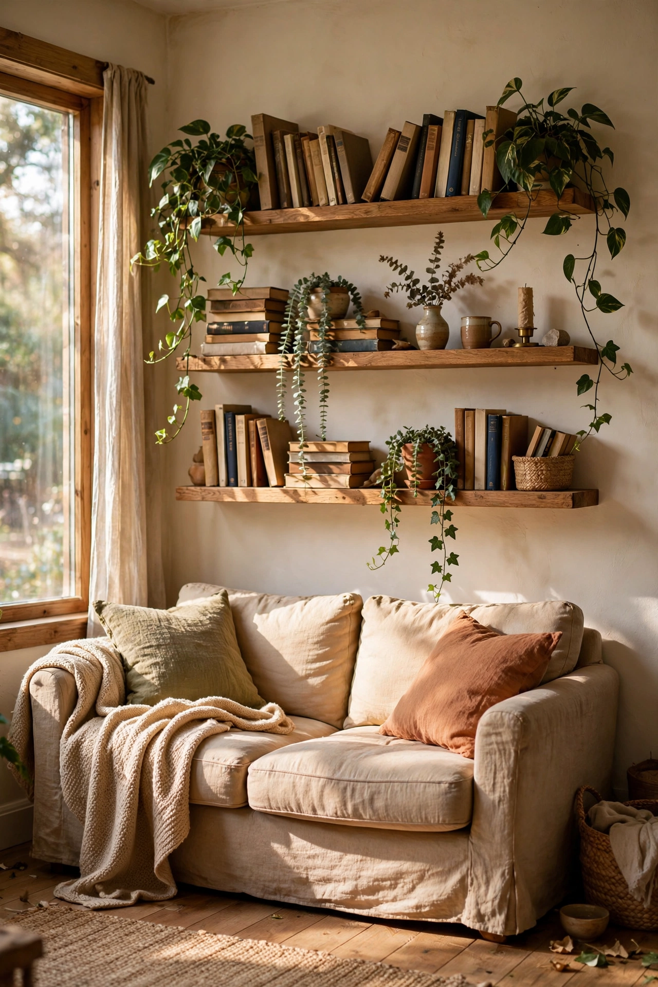 Floating shelves with books and plants above a small sofa