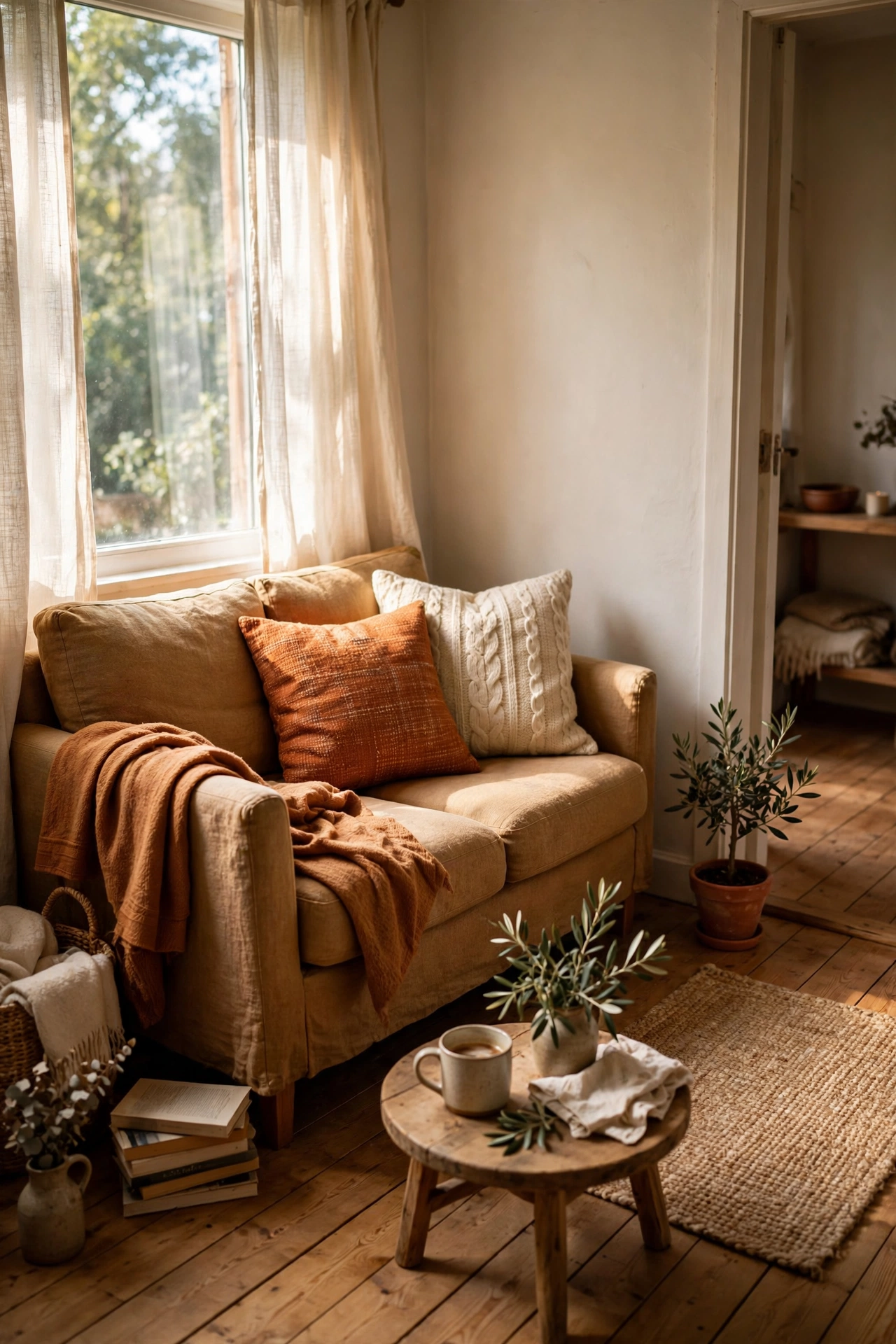 Compact loveseat in a small living room with open floor space