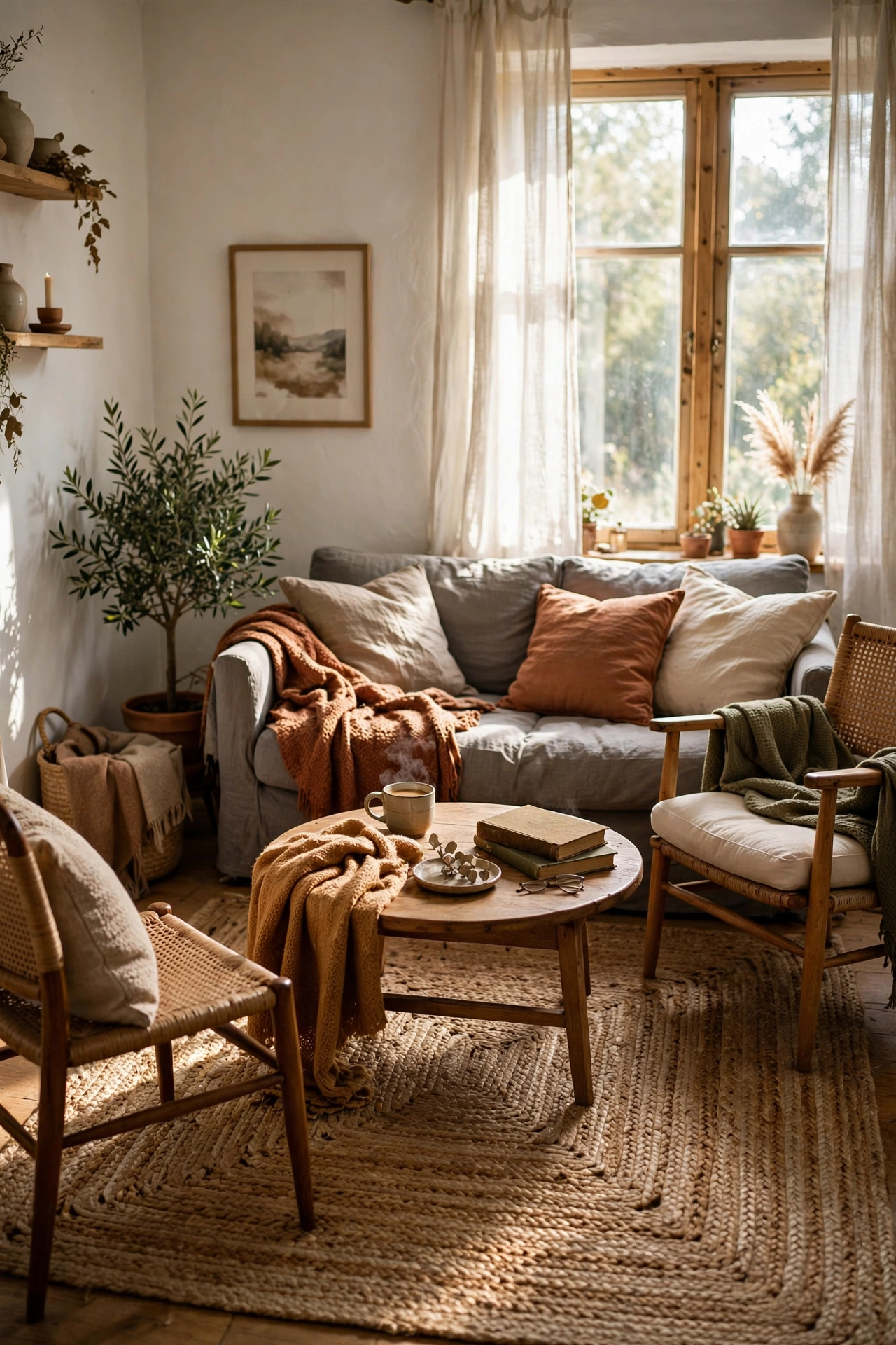 One large jute rug unifying a small living room floor
