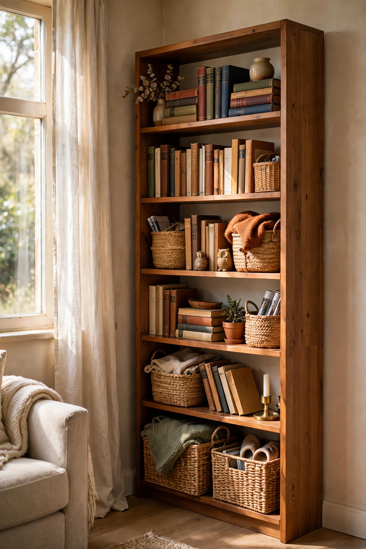 Tall narrow bookcase fitted into a small corner