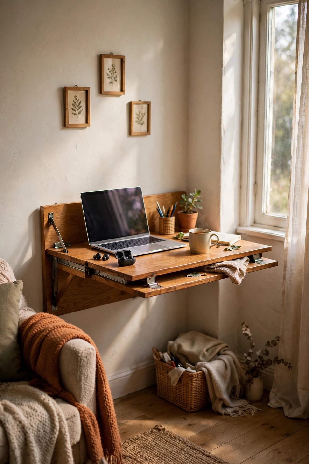 Fold-down wall desk opened for laptop work in a living room