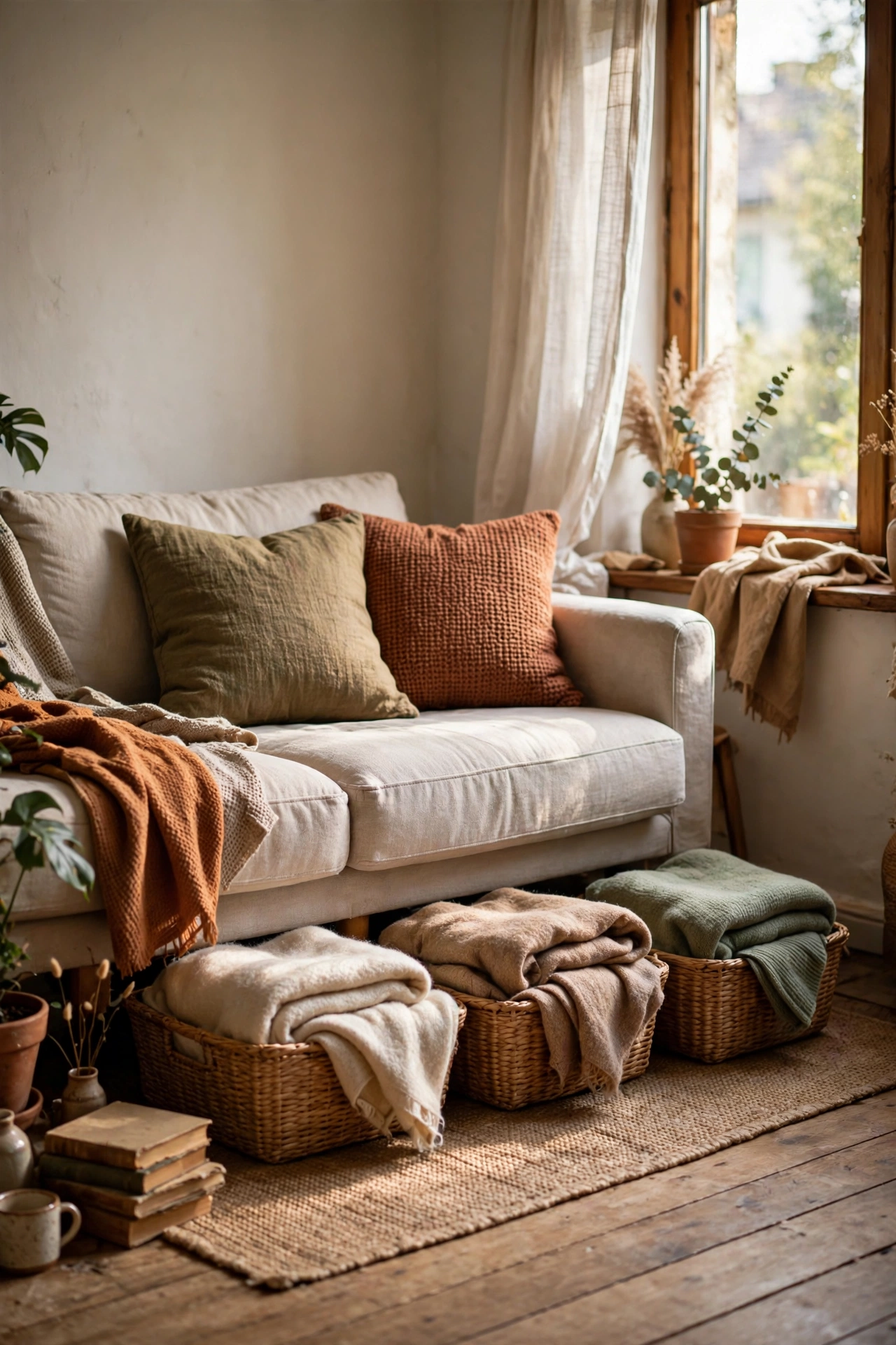 Woven baskets slid under a sofa for hidden storage