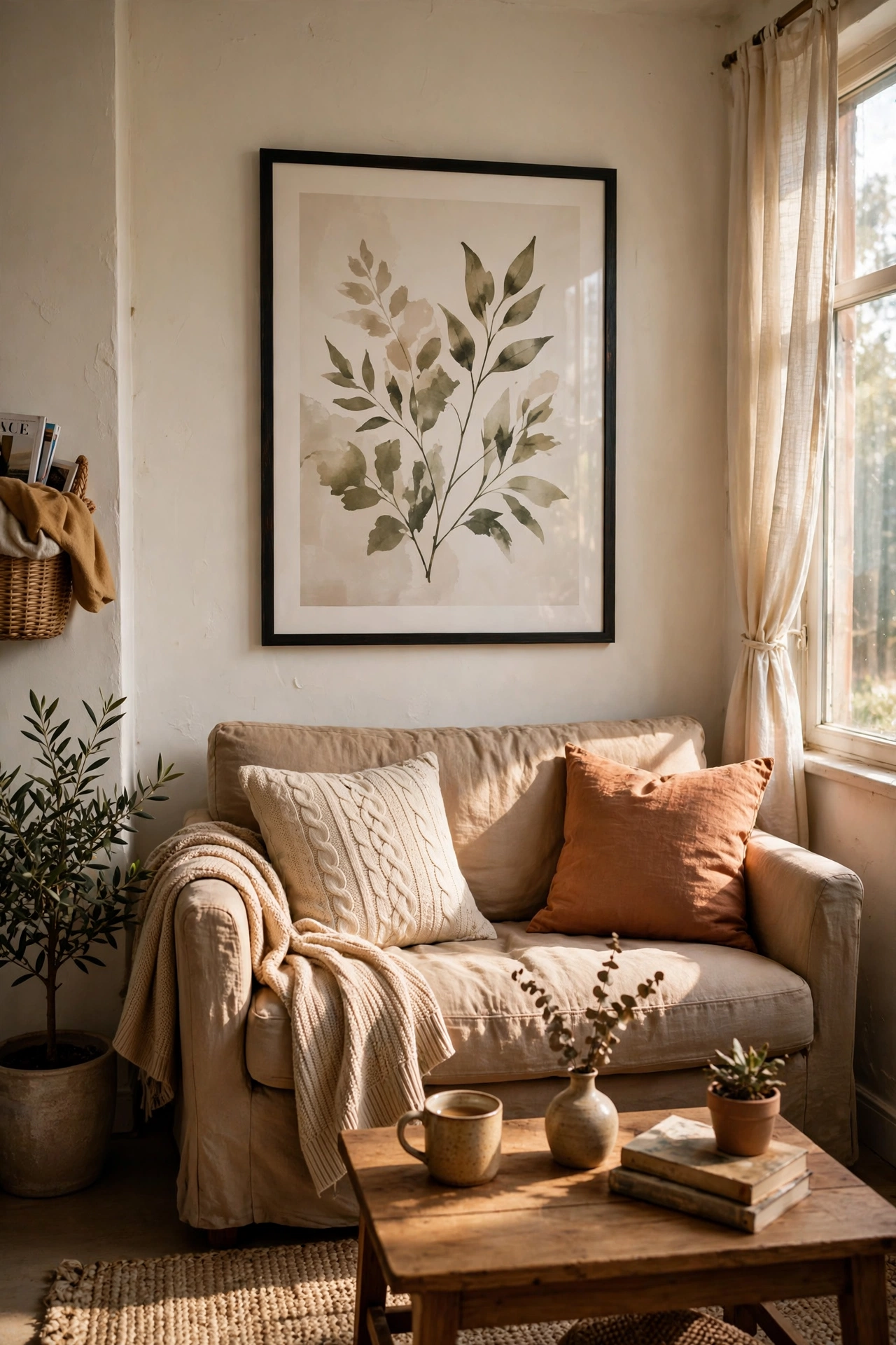 One oversized art print hung above a small sofa