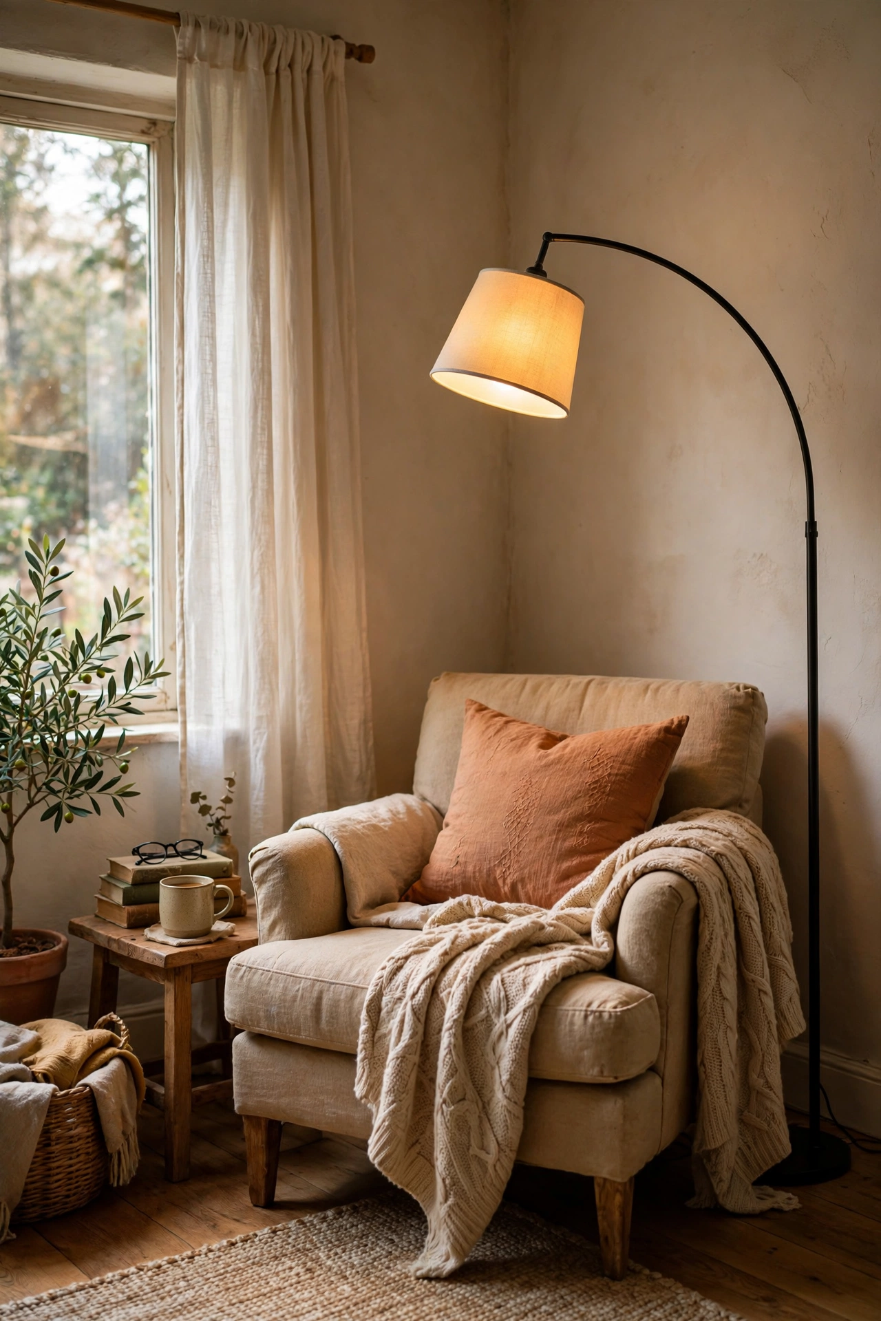 Slim arc floor lamp lighting a dark living room corner