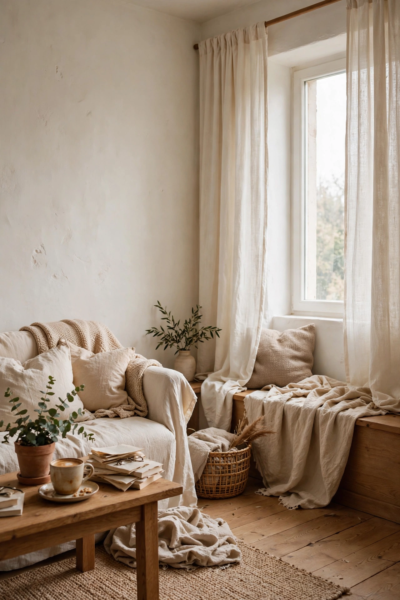 Curtains in the same warm white as the living room walls