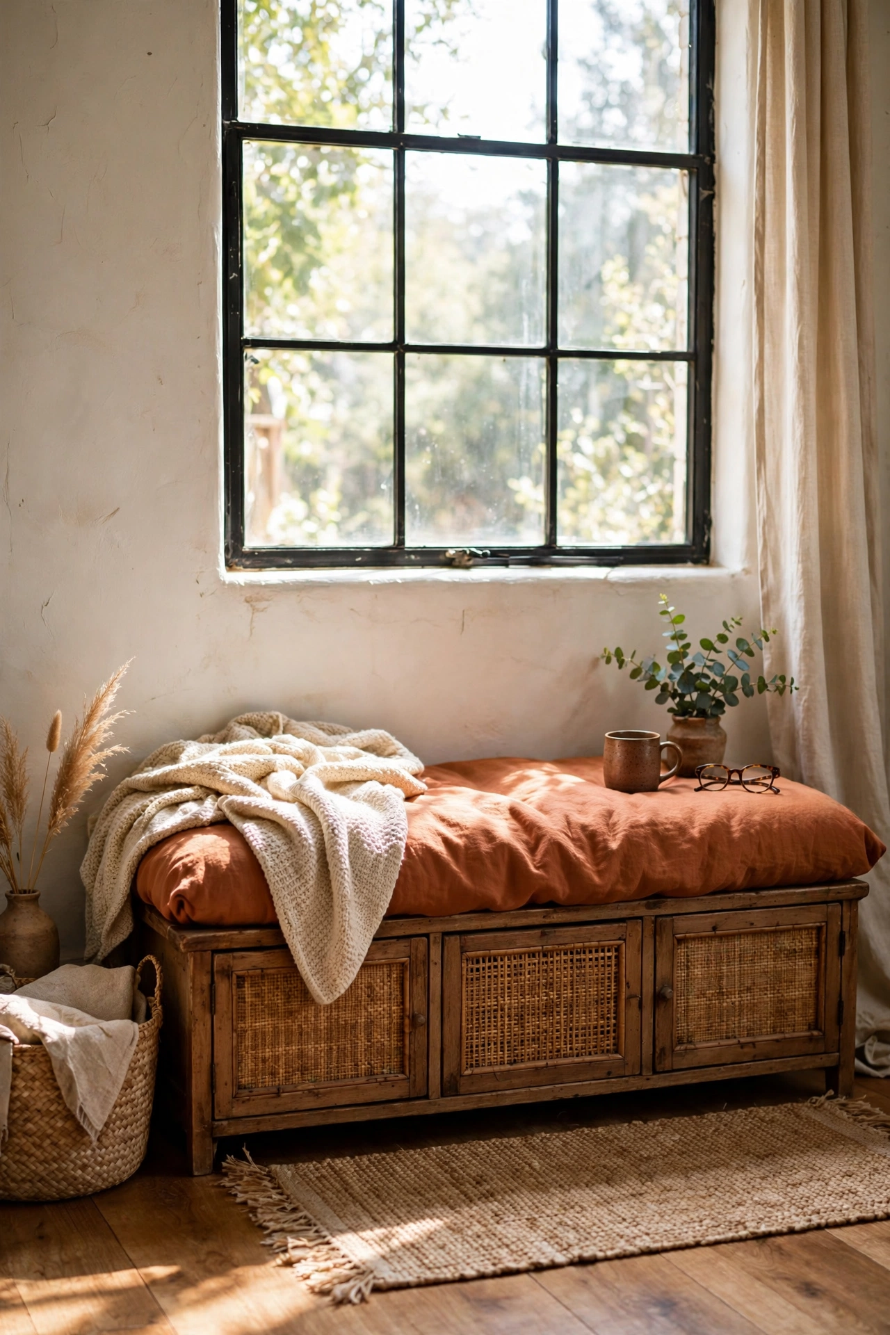 Low storage bench with cushion under a living room window