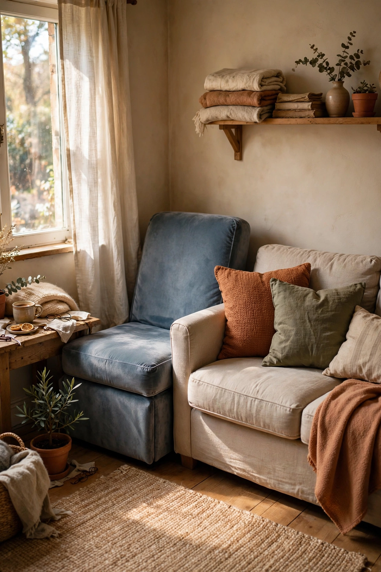 Armless slipper chair tucked beside a sofa