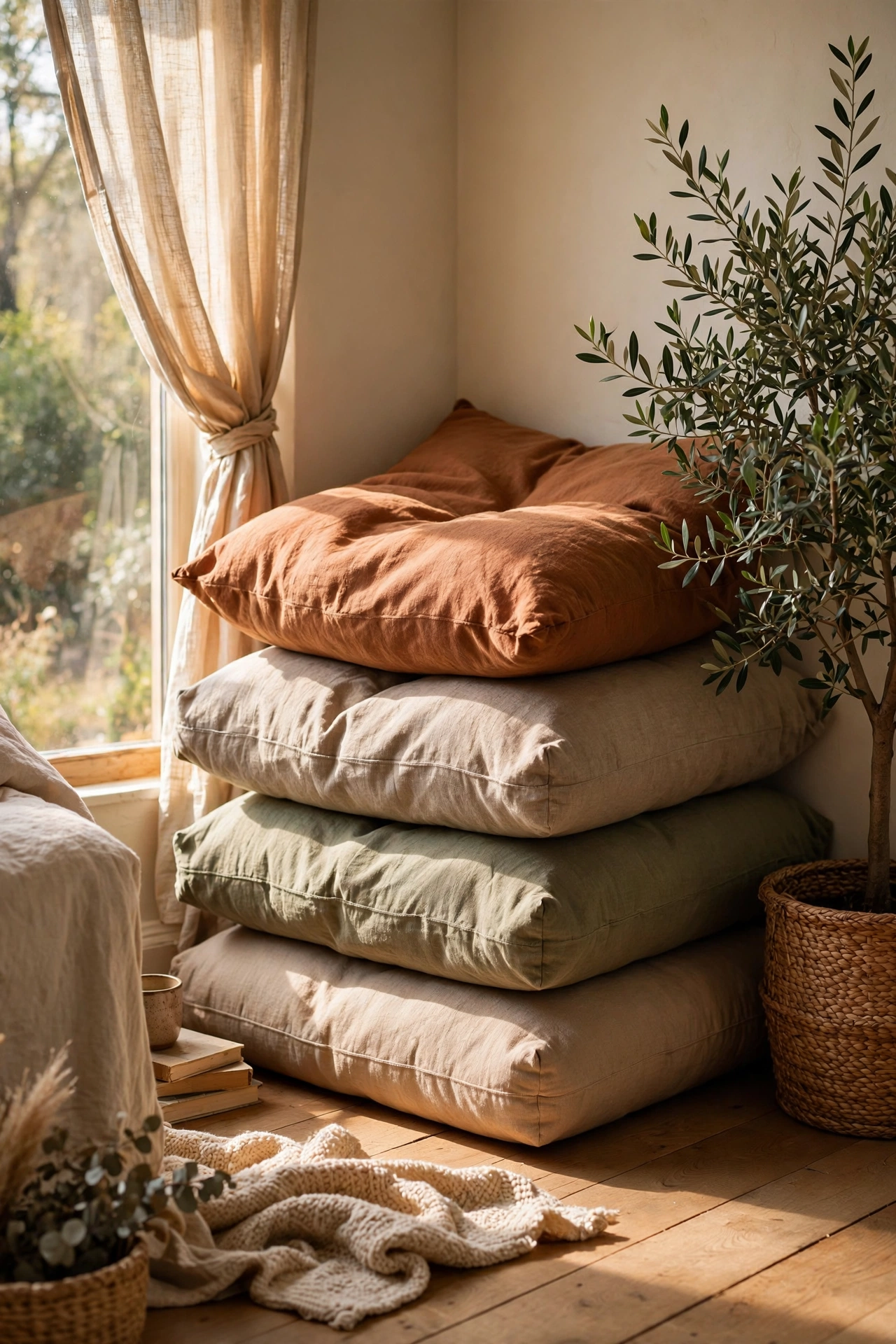 Stack of floor cushions in a corner ready for guests