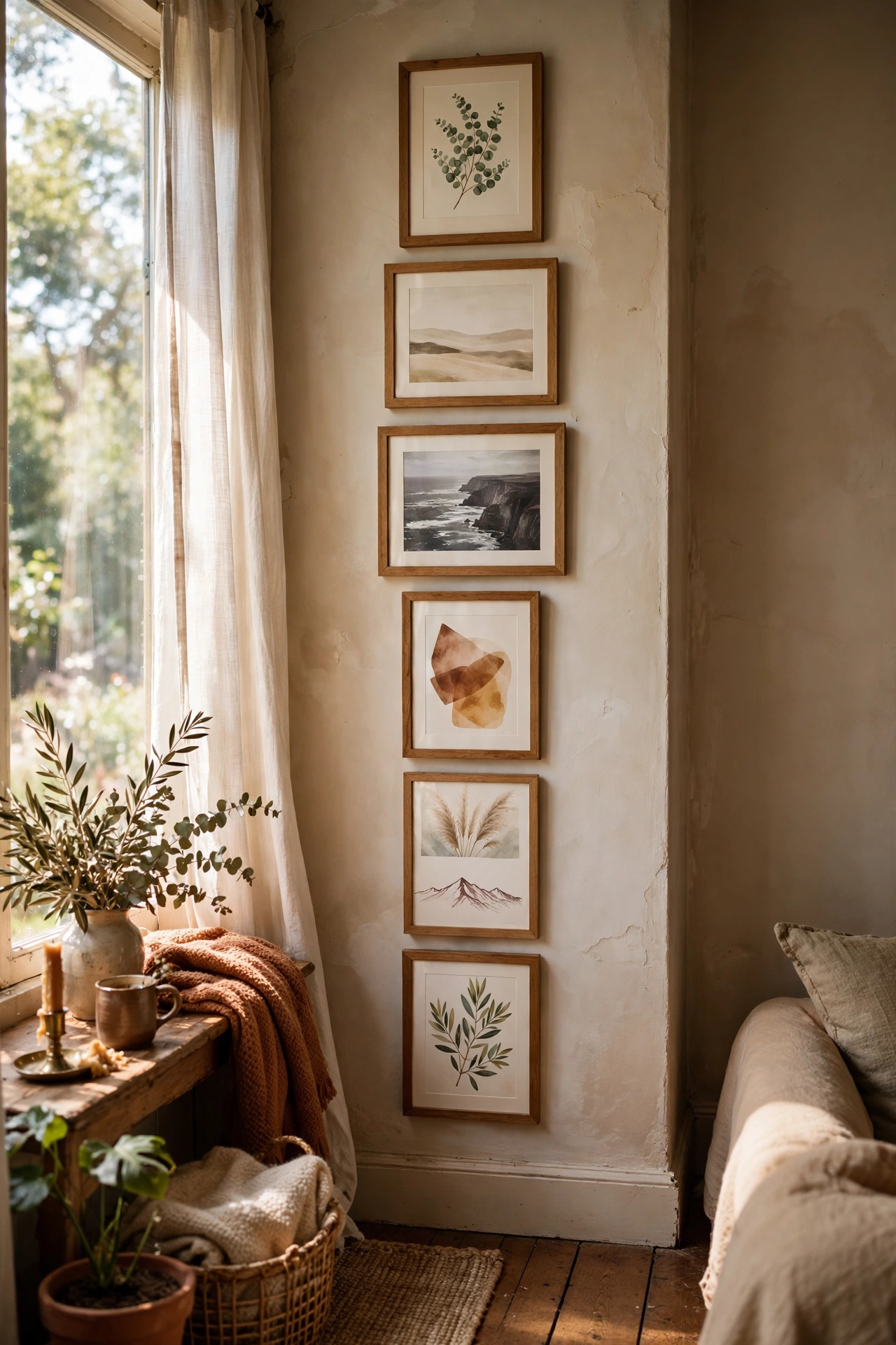 Vertical column of framed art drawing the eye upward