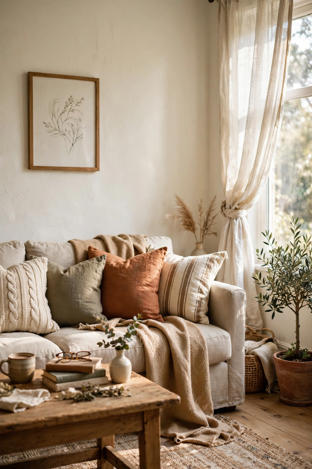 Living room wall painted in a creamy warm white behind a sofa