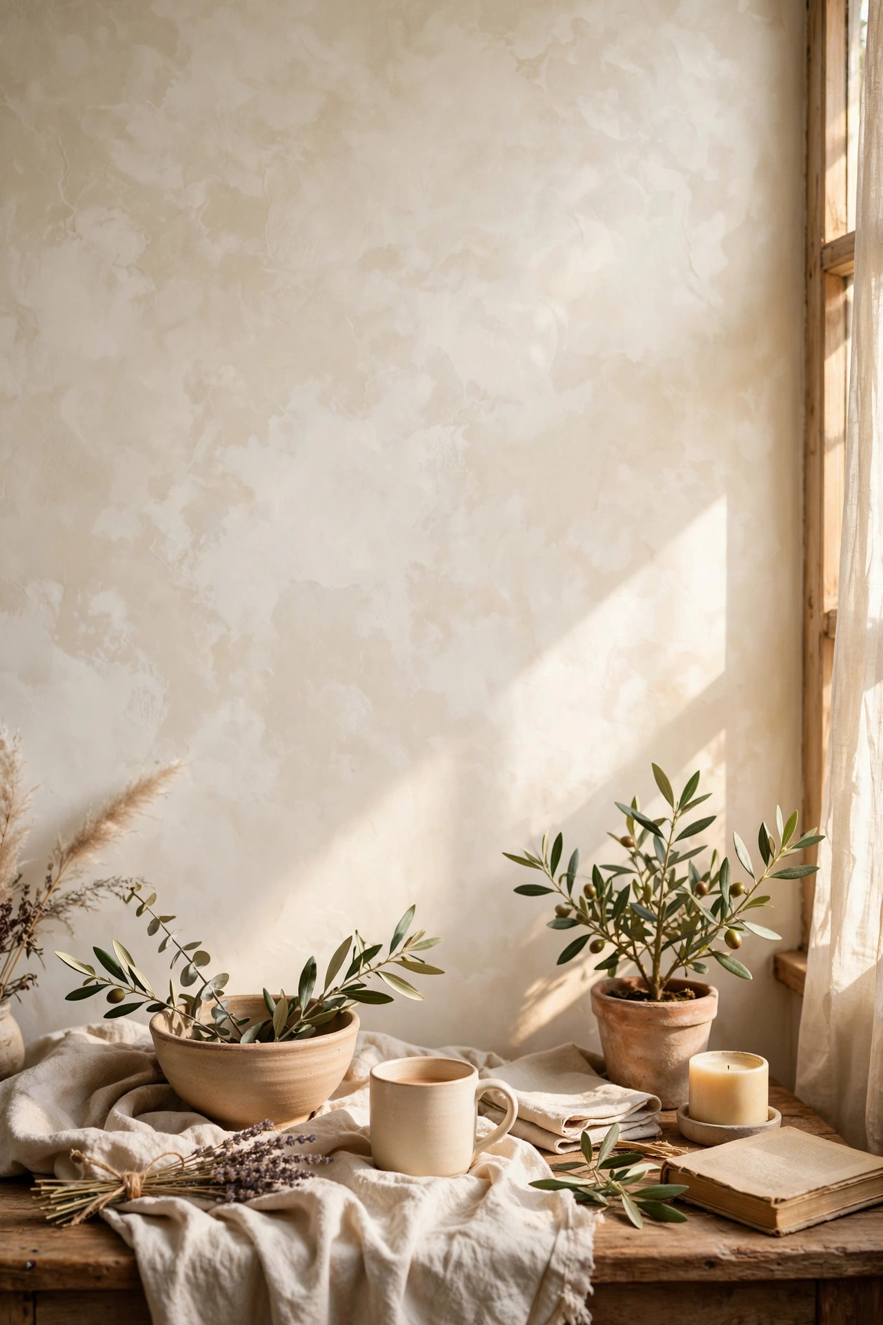 Limewash painted wall with soft cloudy texture in warm white