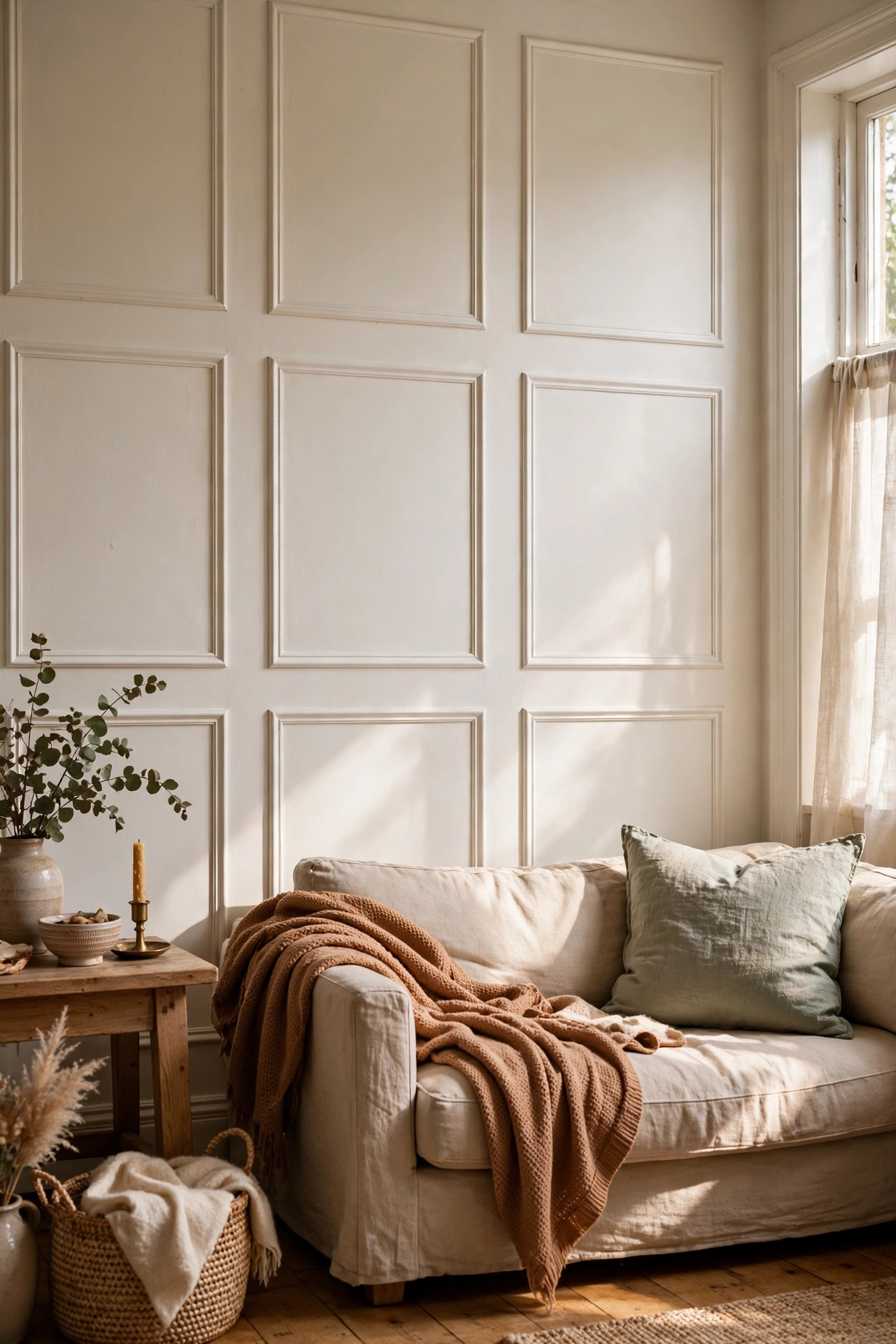 Picture frame moulding rectangles painted warm white on a wall