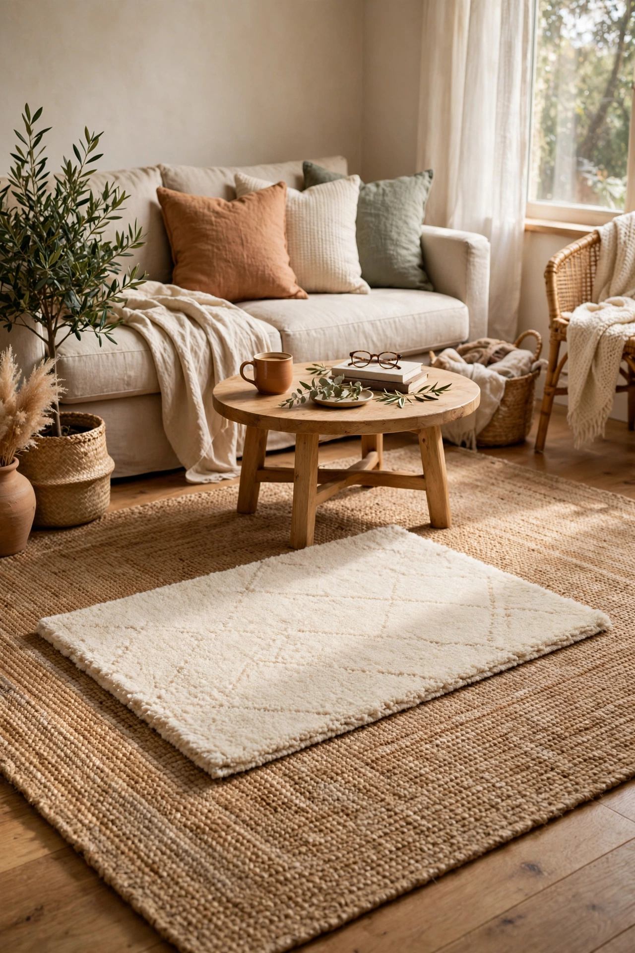 Layered cream and natural jute rugs in a calm living room