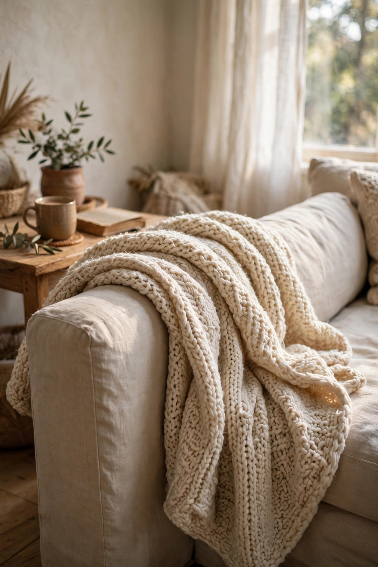 Chunky knit cream throw draped over a sofa arm