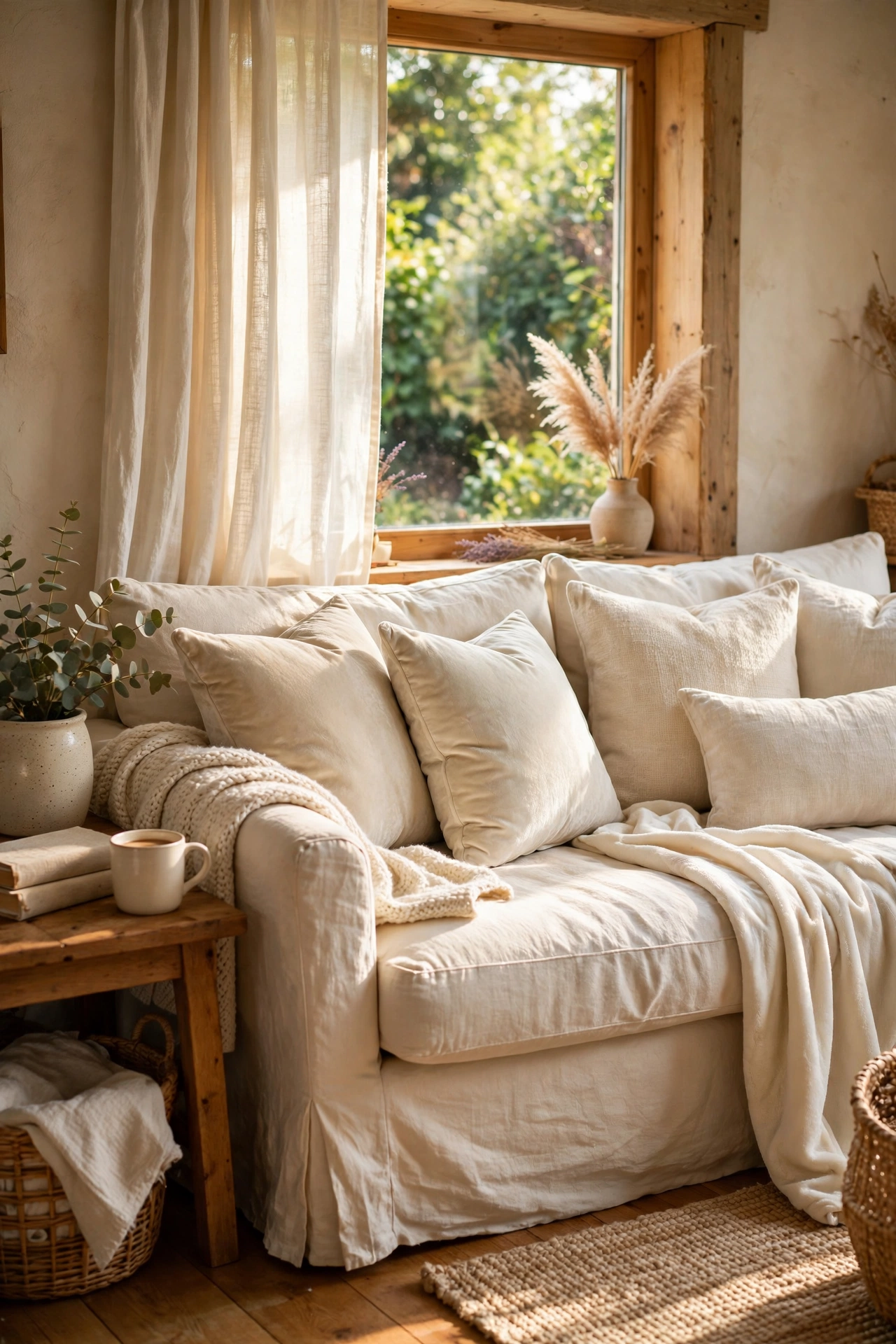 Mix of linen and velvet cushions in ivory shades on a sofa