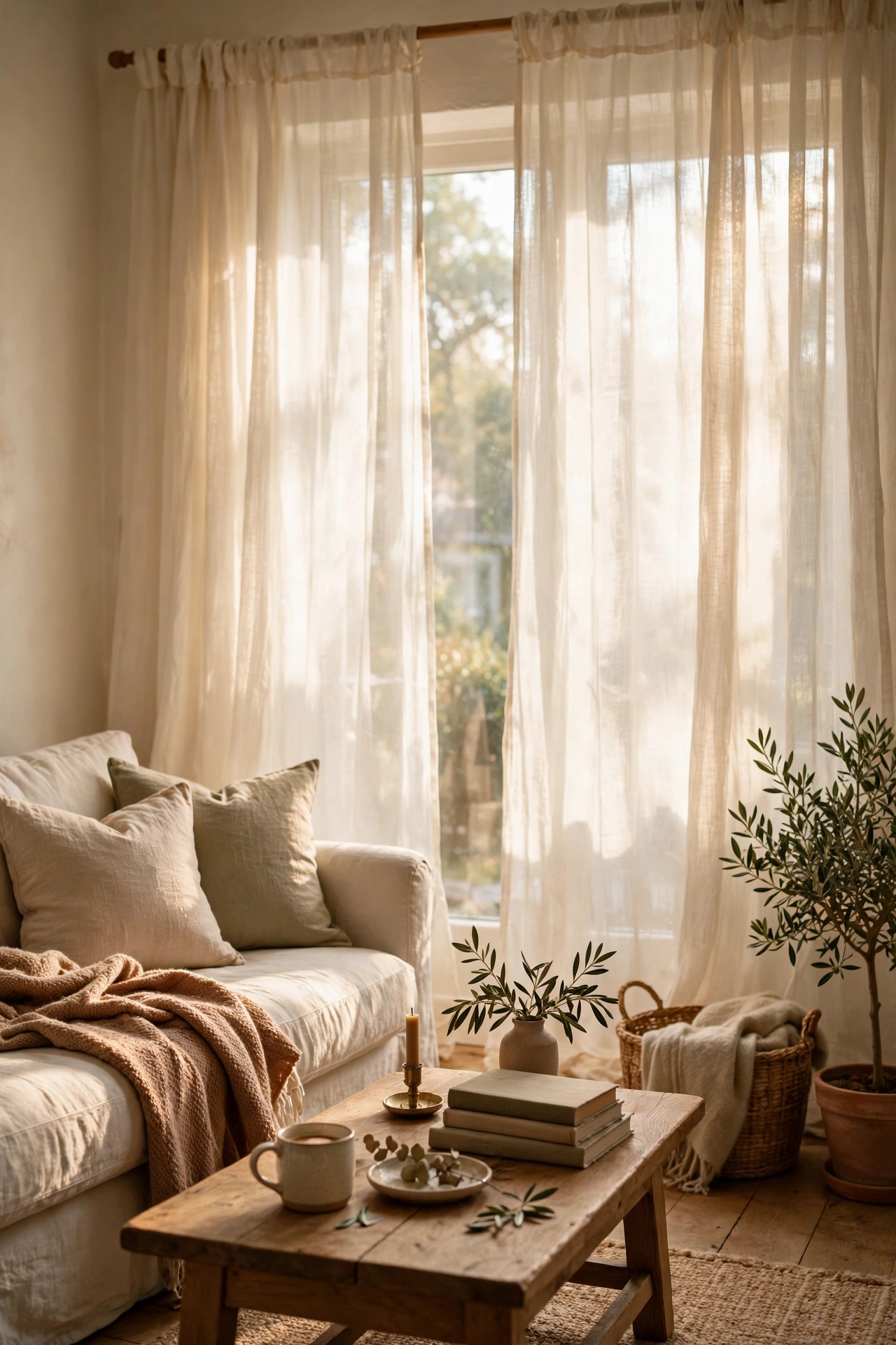 Sheer ivory curtains glowing with soft filtered daylight