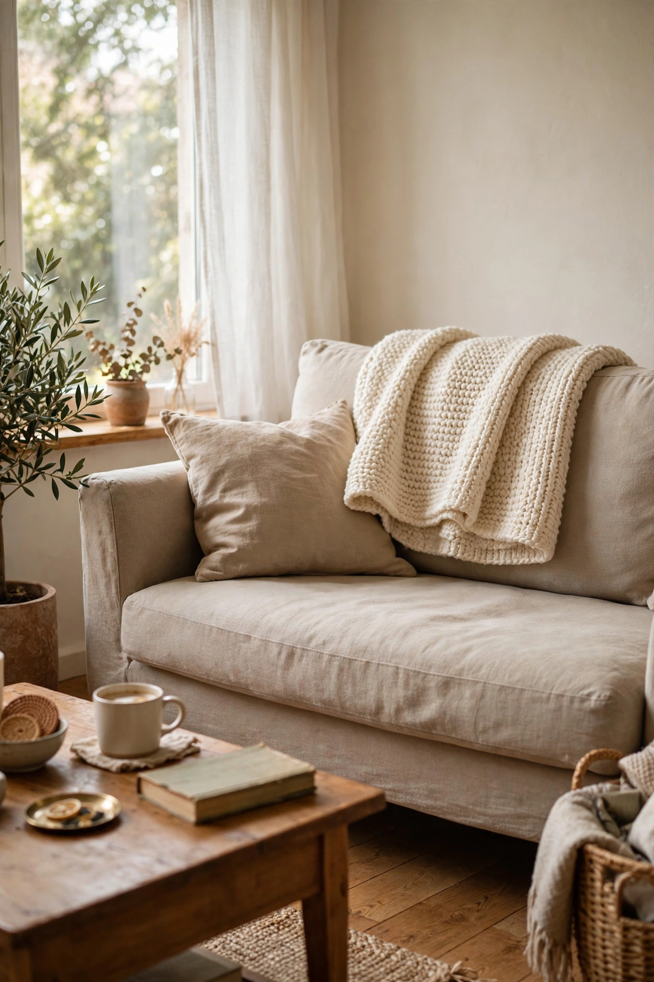 Cream wool blanket folded over the back of a sofa