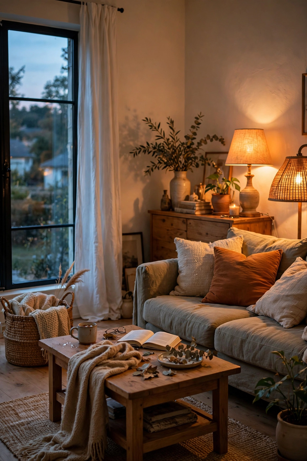 Living room glowing with warm 2700K light bulbs in lamps