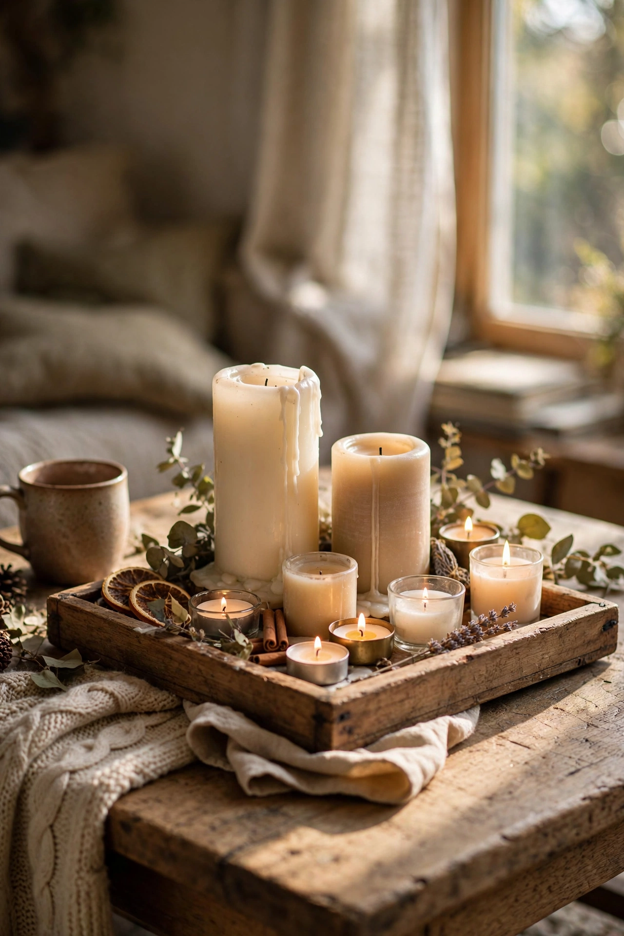Tray of mixed candles and tea lights on a coffee table