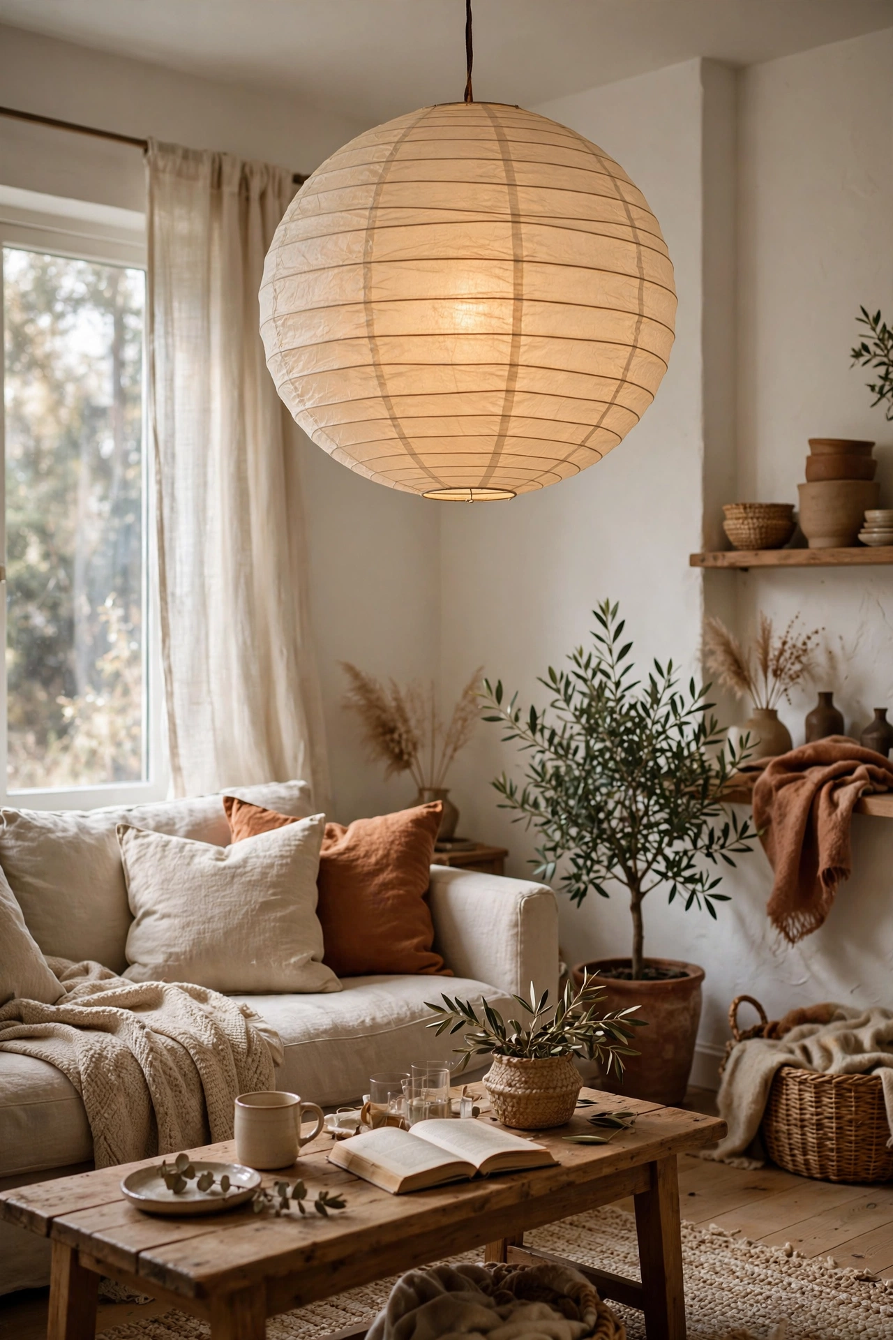 Large paper lantern shade diffusing soft light in a living room