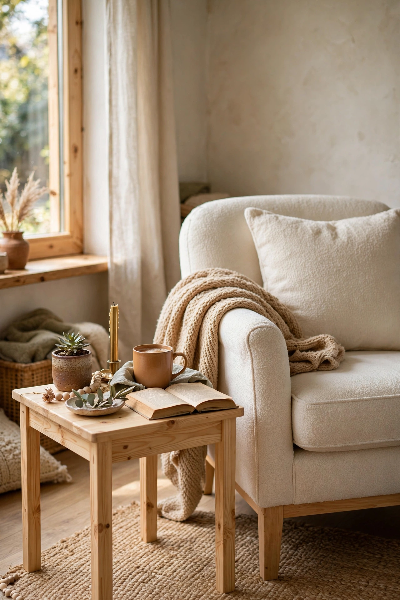 Light wood side table beside a cream armchair