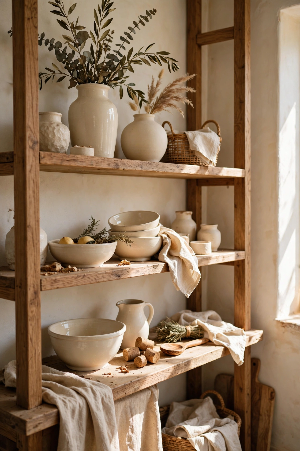 Open shelves styled with cream ceramic vases and bowls