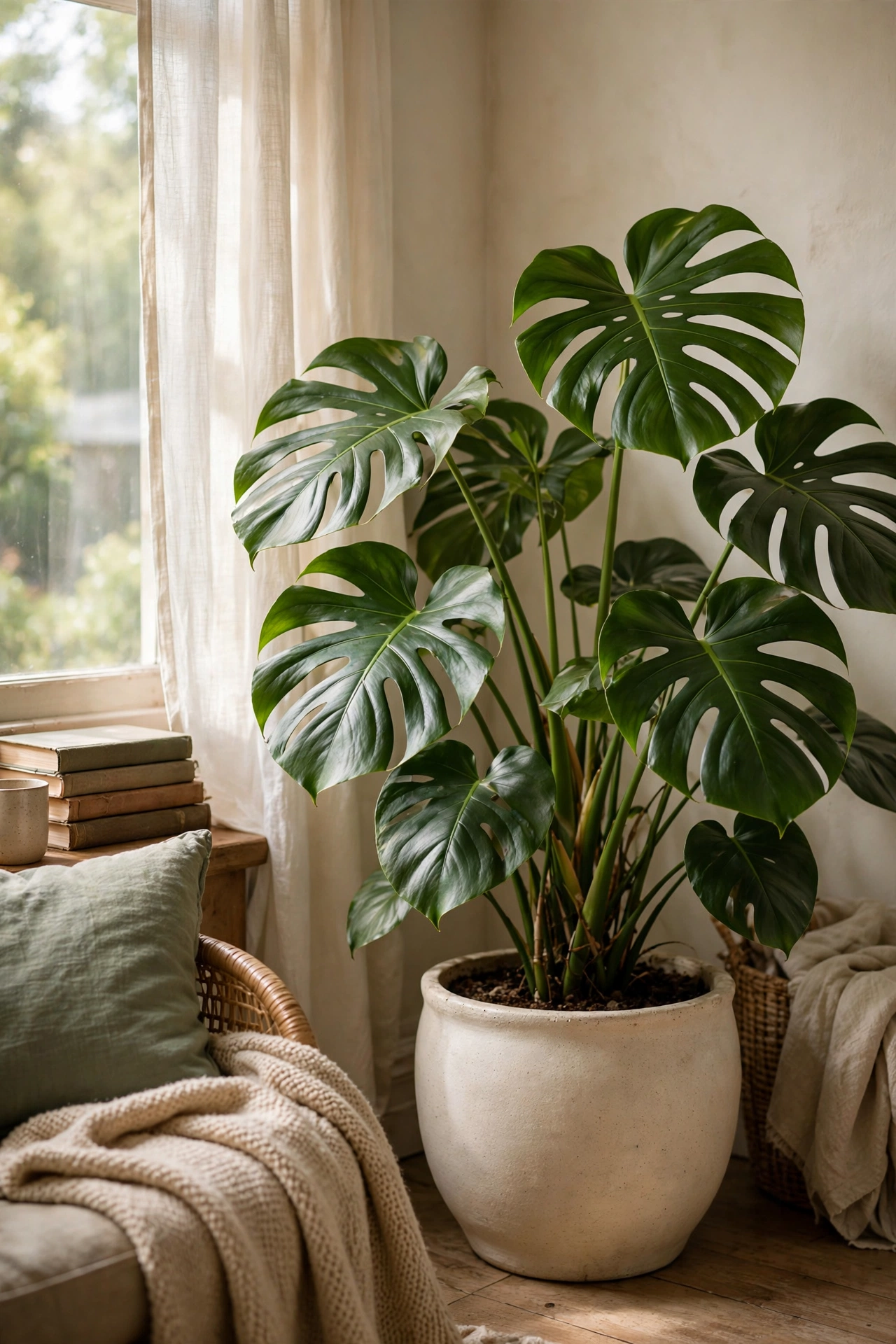 Large leafy parlour palm in a cream pot in a calm living room