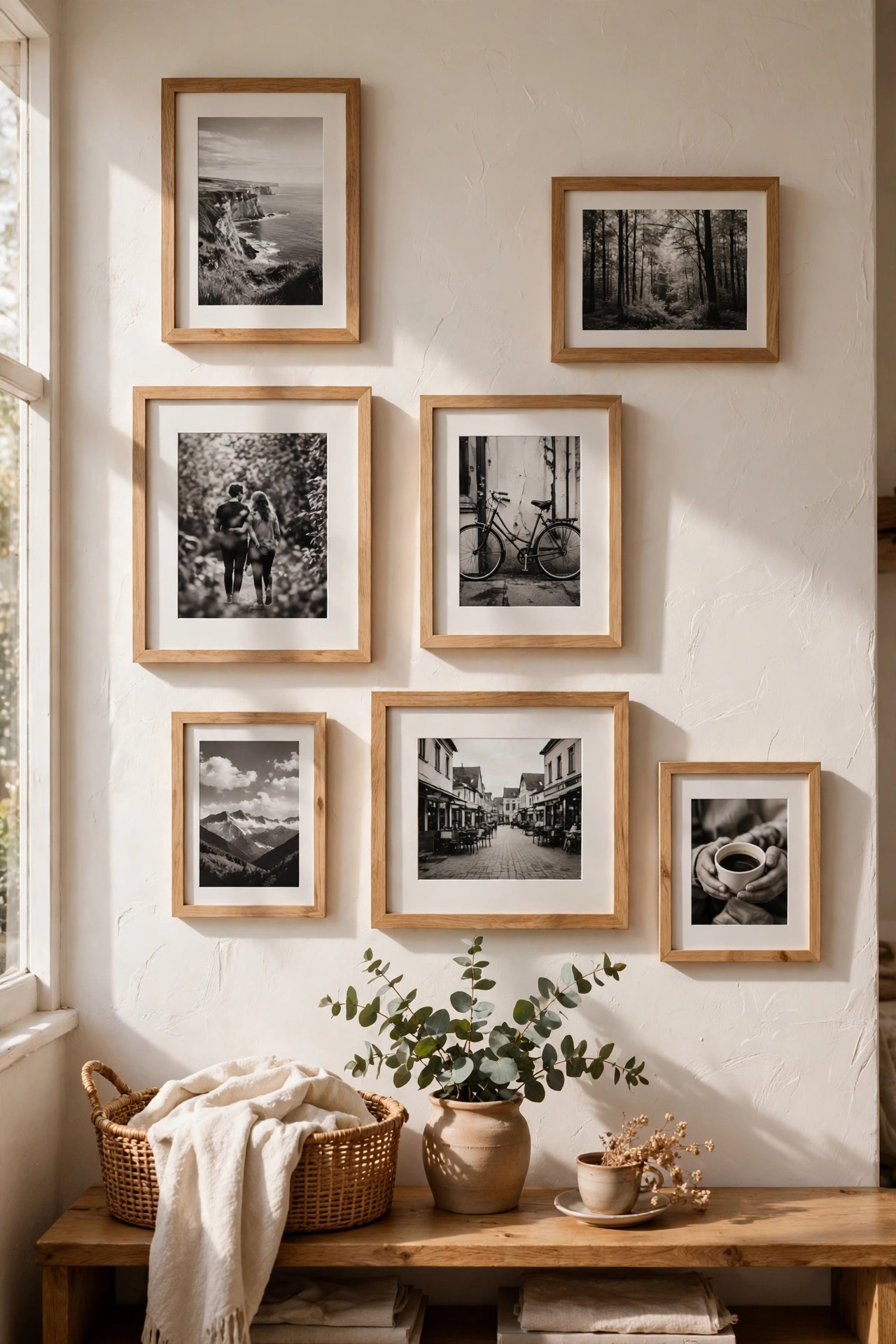 Black and white family photos in light wood frames on a wall