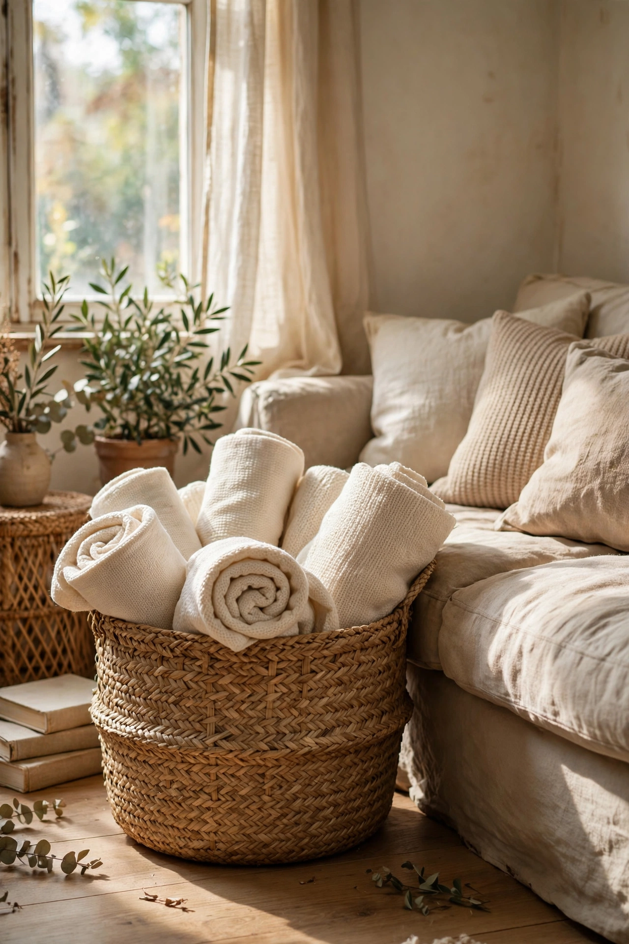 Large woven basket holding rolled cream throws beside a sofa