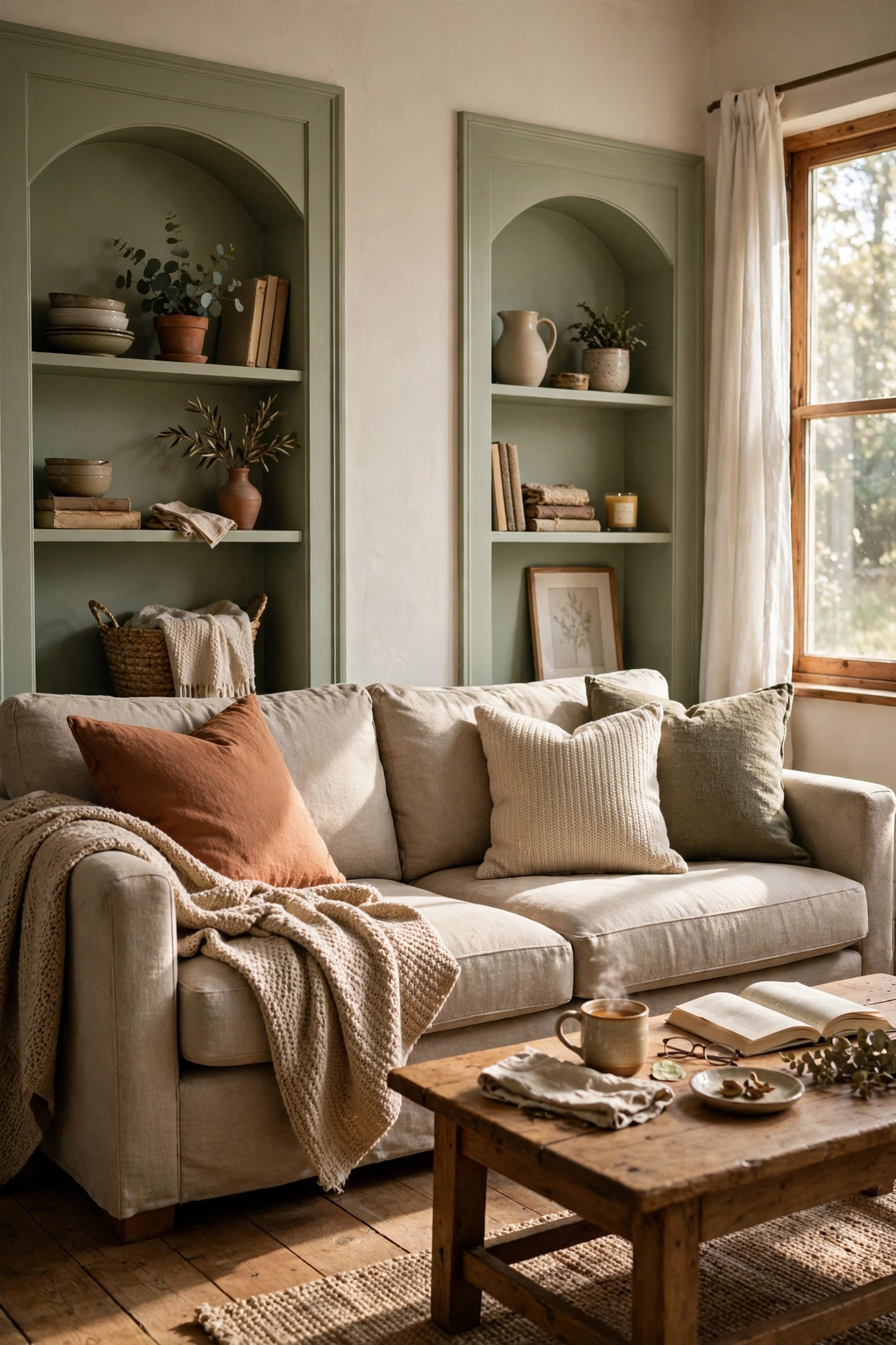 Living room alcoves painted in soft sage green