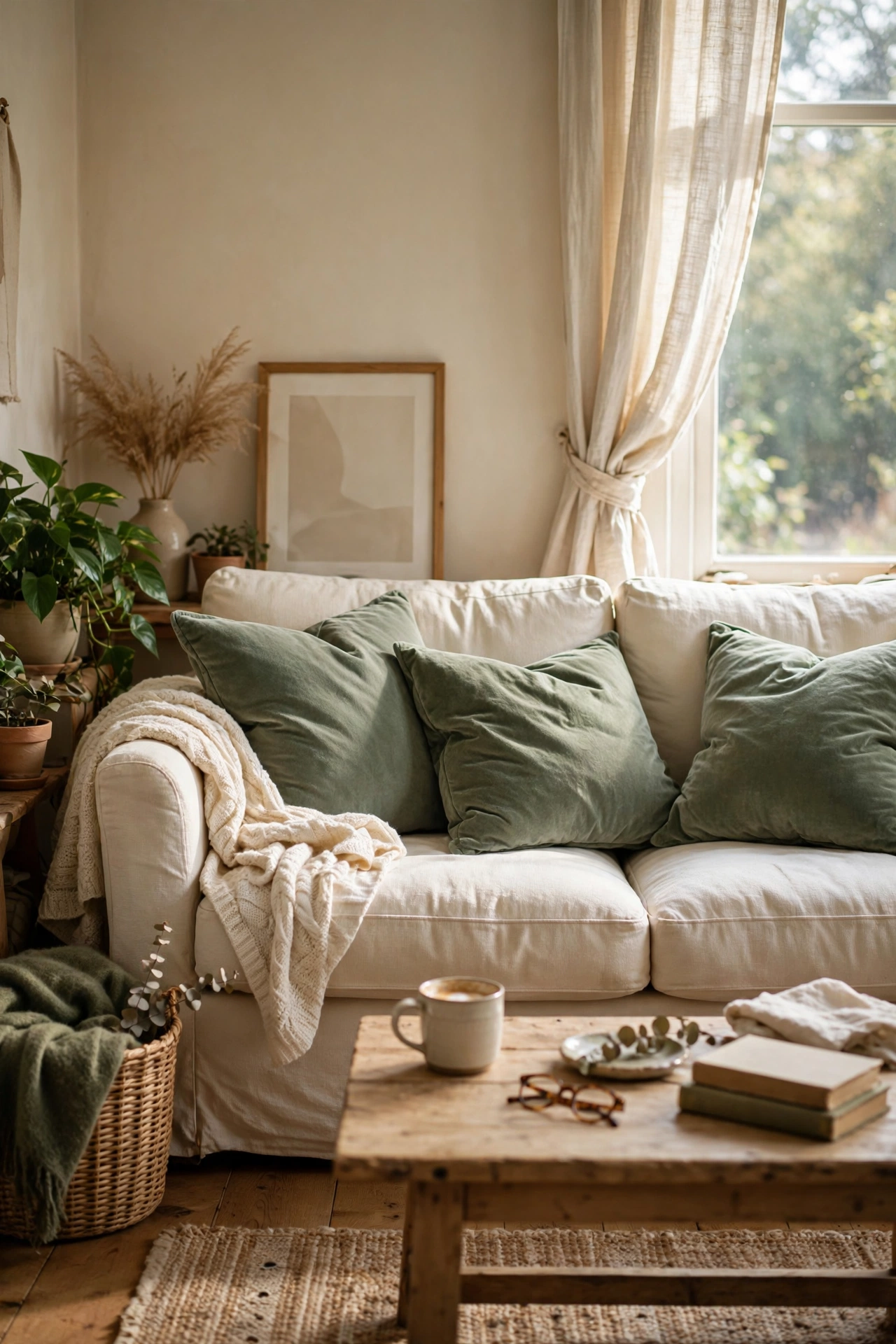 Sage green velvet cushion covers on a cream sofa