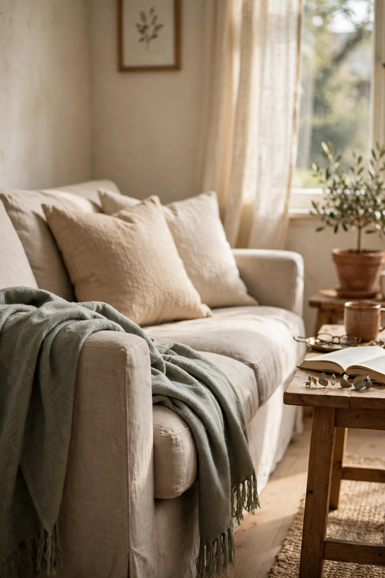 Sage green throw draped over a sofa arm