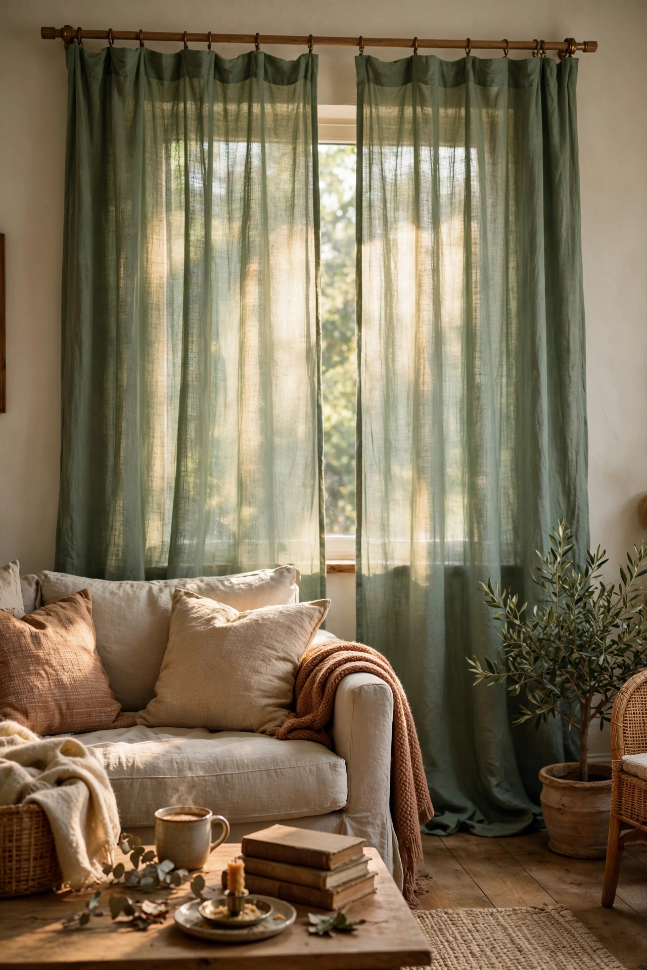 Sage linen curtains filtering soft afternoon light