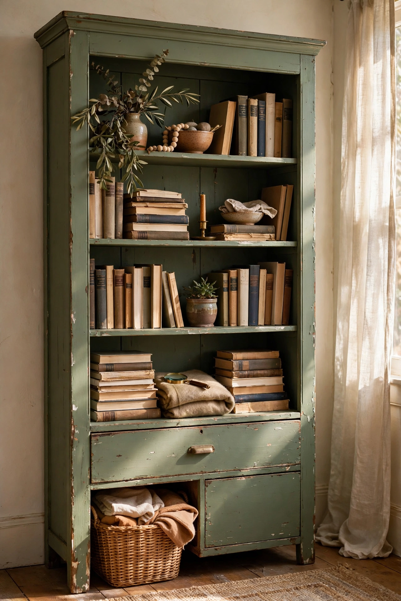 Secondhand wooden bookcase painted sage green