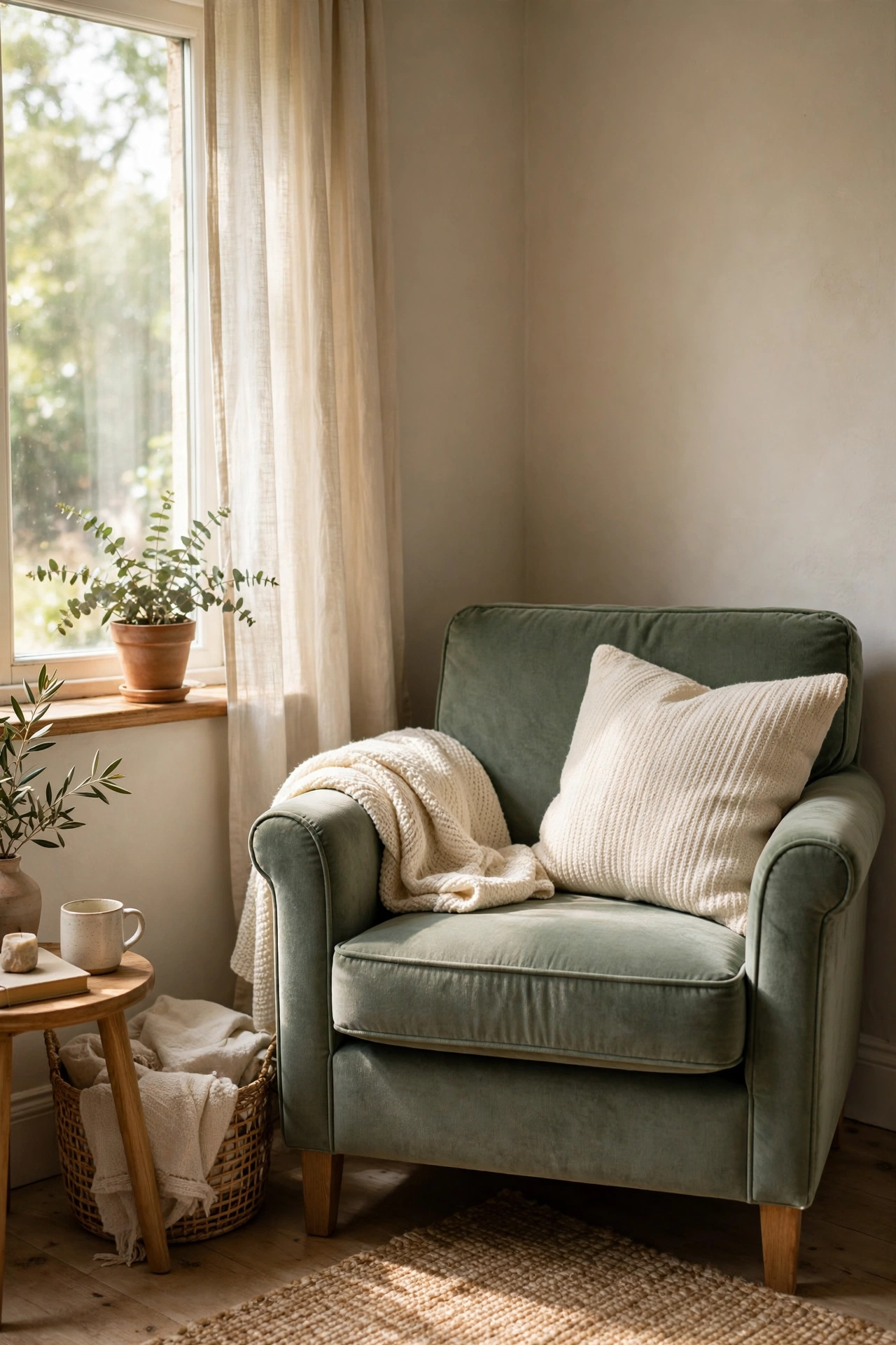 Sage green armchair as a hero piece in a neutral room