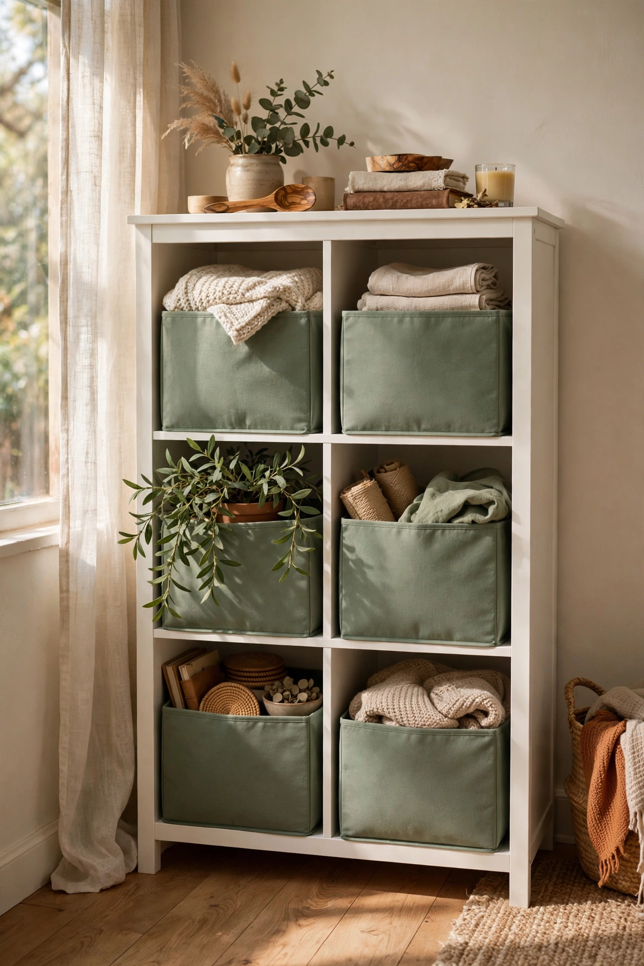 Sage fabric storage cubes in a shelving unit