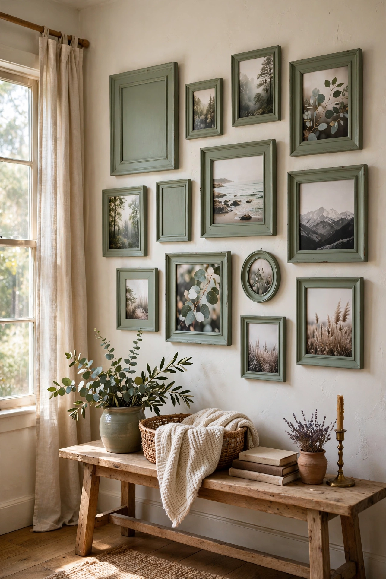 Gallery wall of mismatched frames painted muted sage