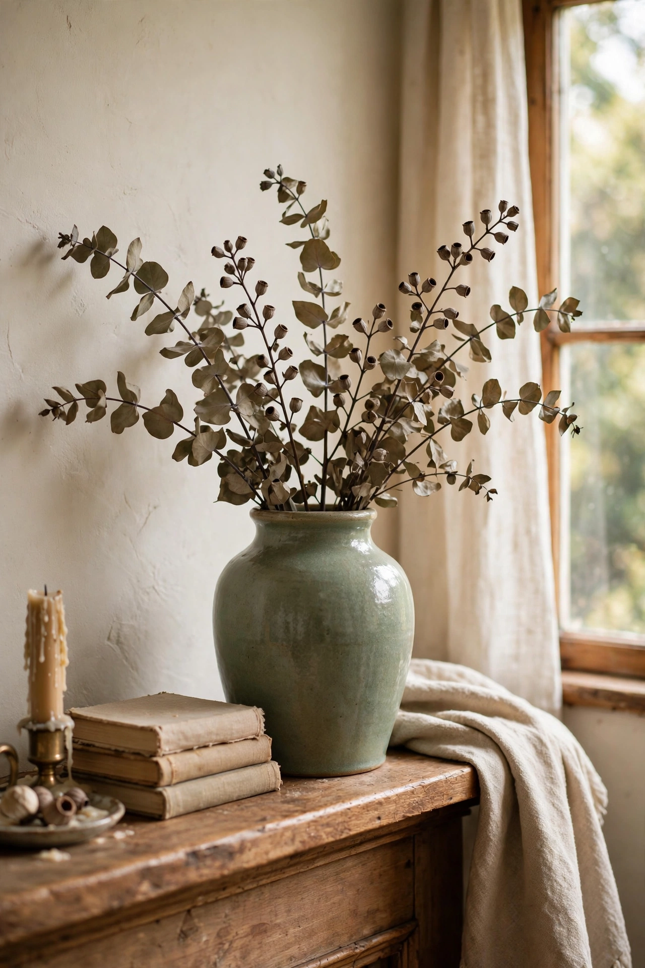 Dried eucalyptus stems in a sage toned ceramic vase
