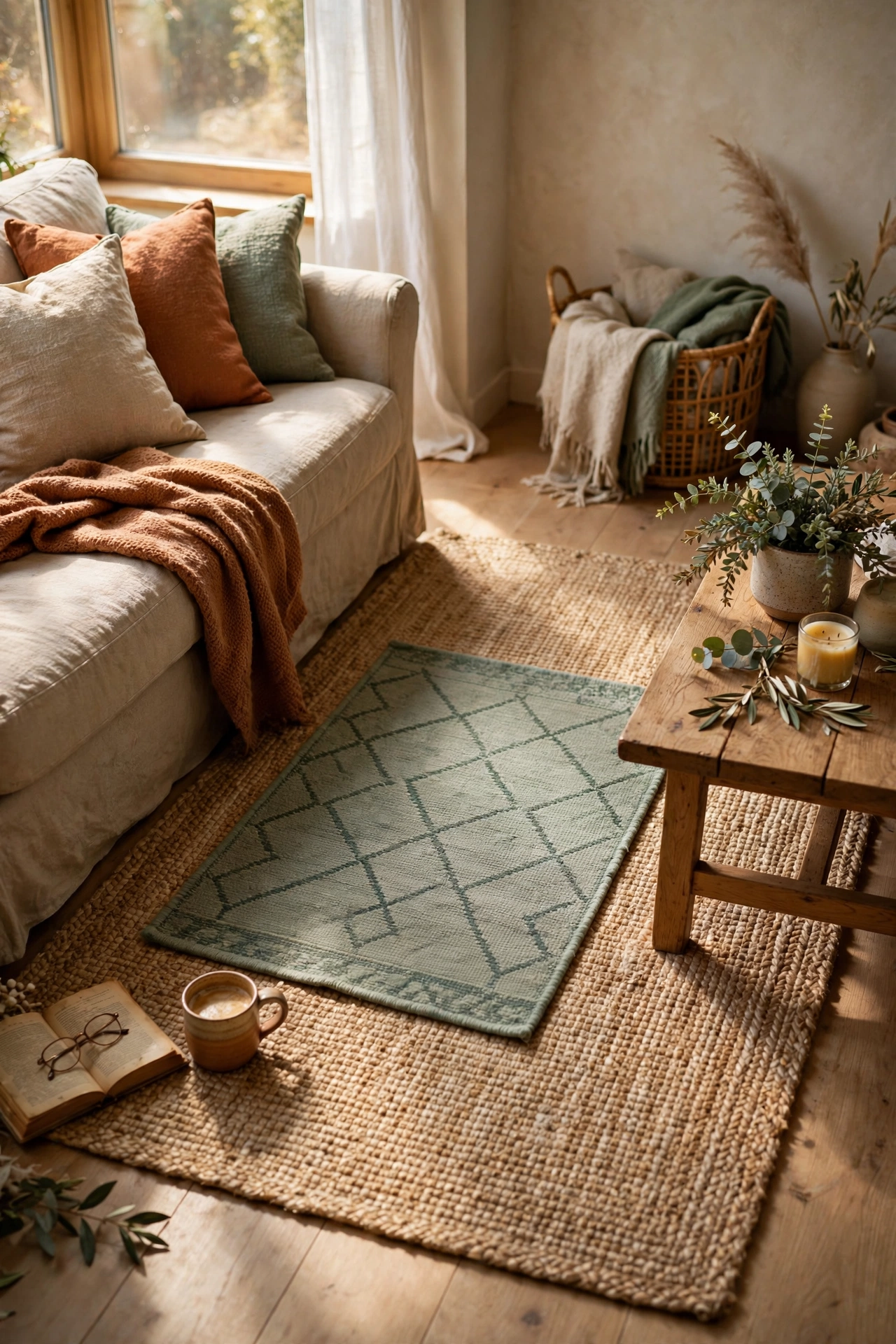 Sage flatweave rug layered over a natural jute rug