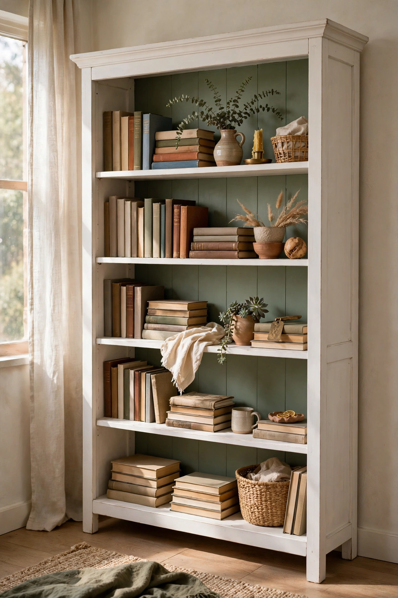 Bookcase with its back panel painted sage green
