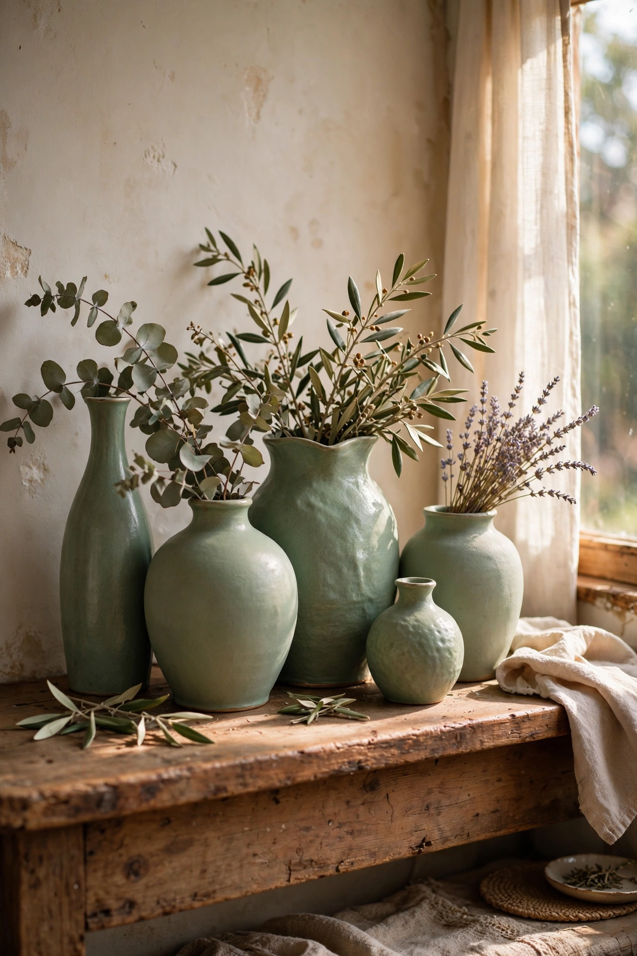 Cluster of sage green ceramic vases in different shapes
