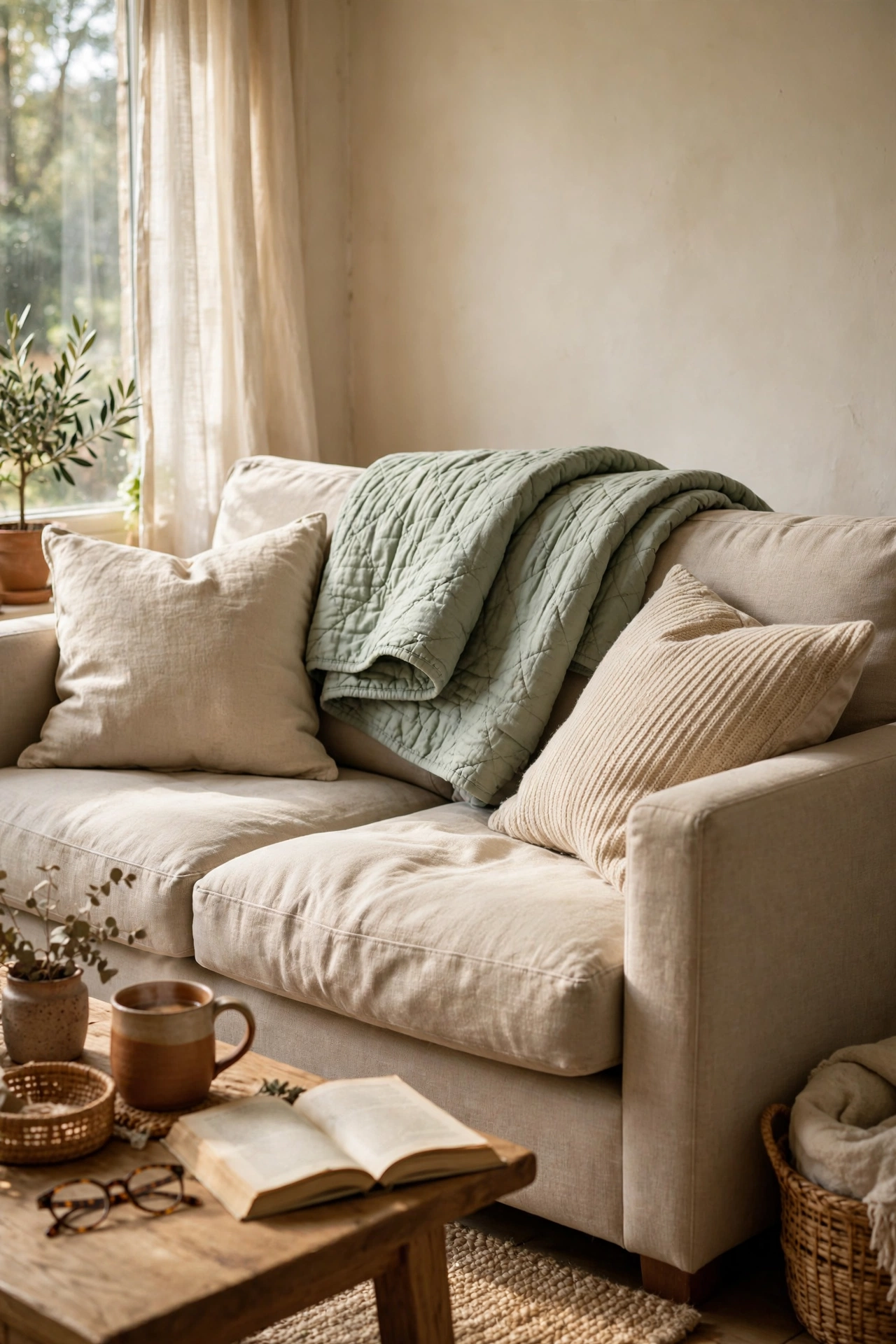 Lightweight sage quilt folded over a sofa back