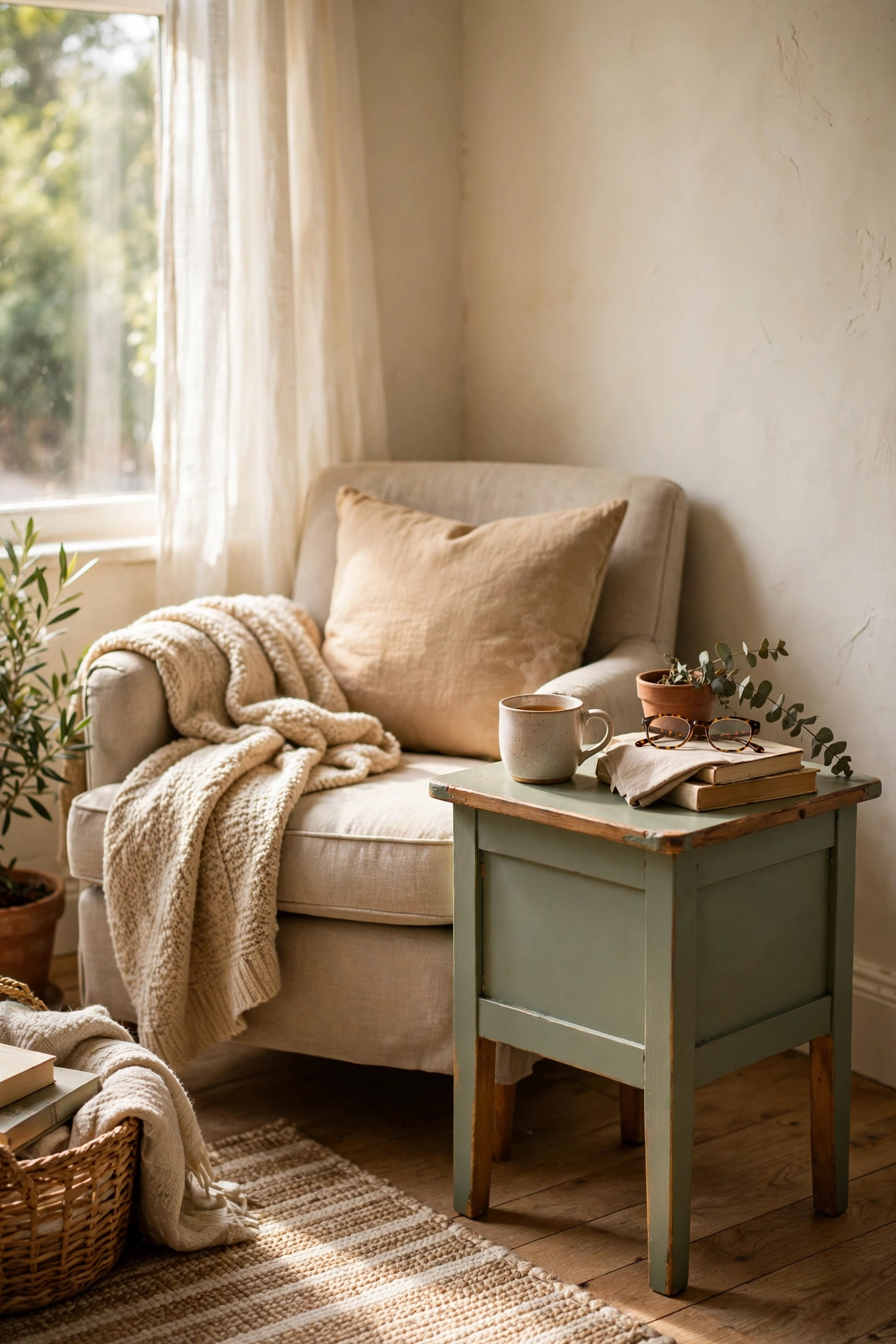 Small wooden side table painted sage green beside a chair