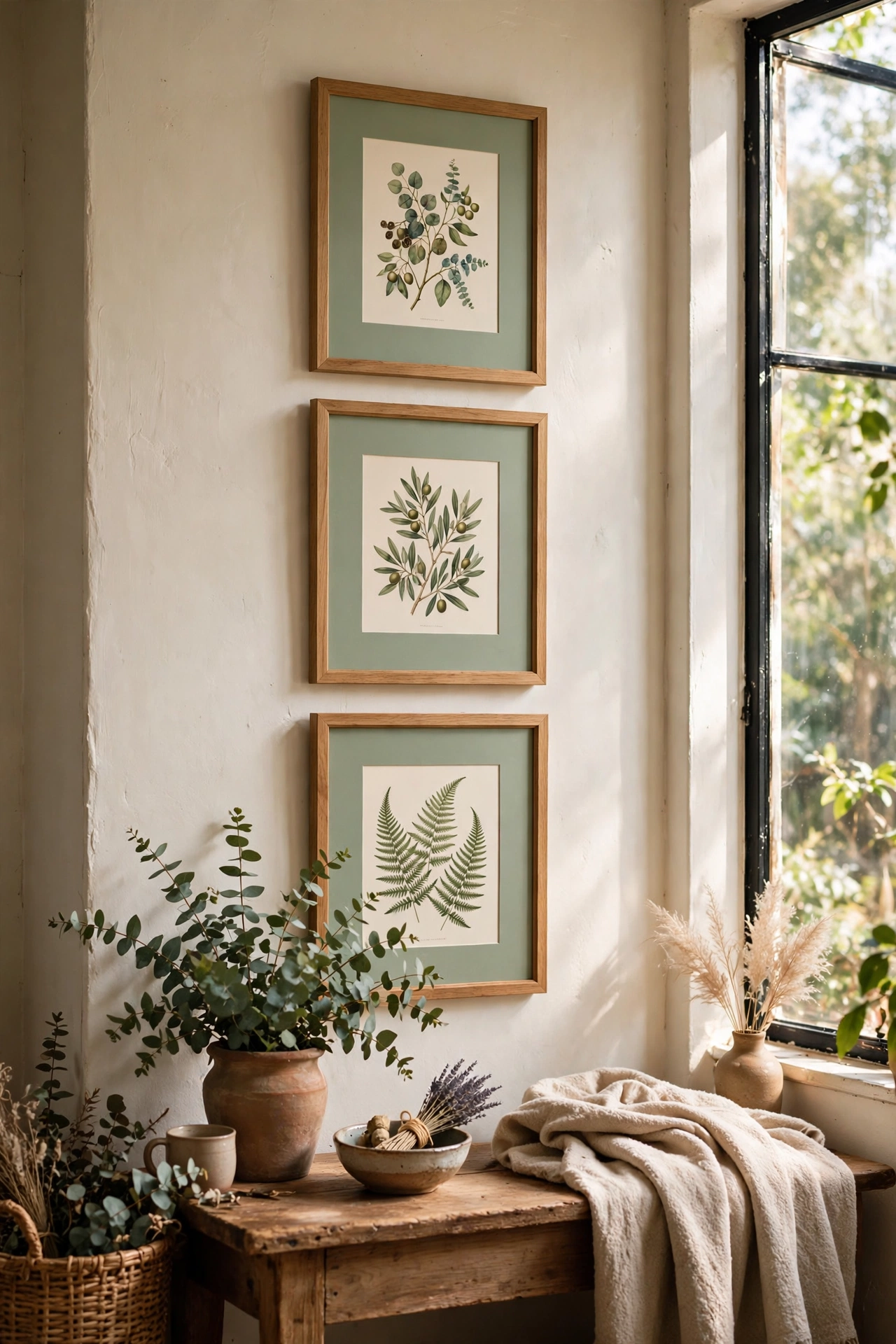 Botanical prints with sage green mounts in simple frames