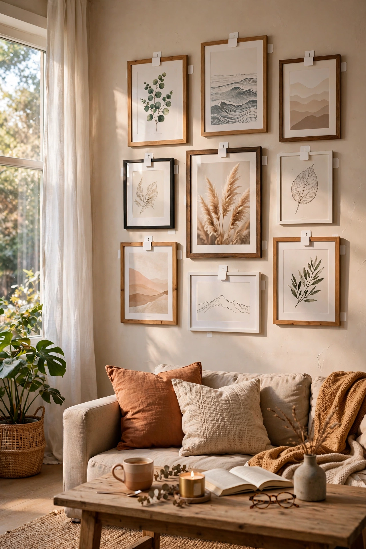 Gallery wall hung with removable adhesive strips in a rental living room